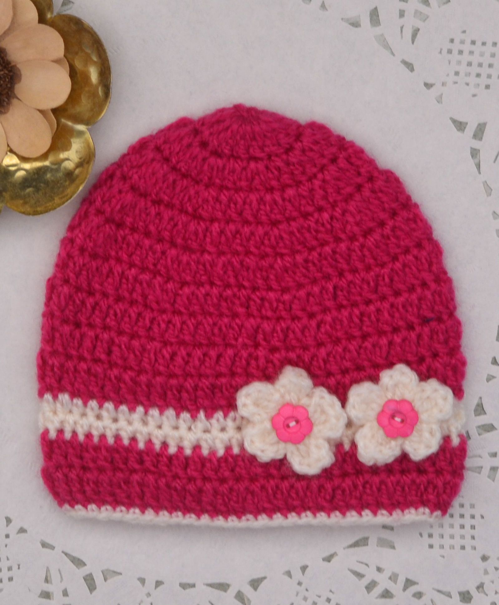 Buttercup From Knitting Nani Flower Applique Woolen Cap - Magenta