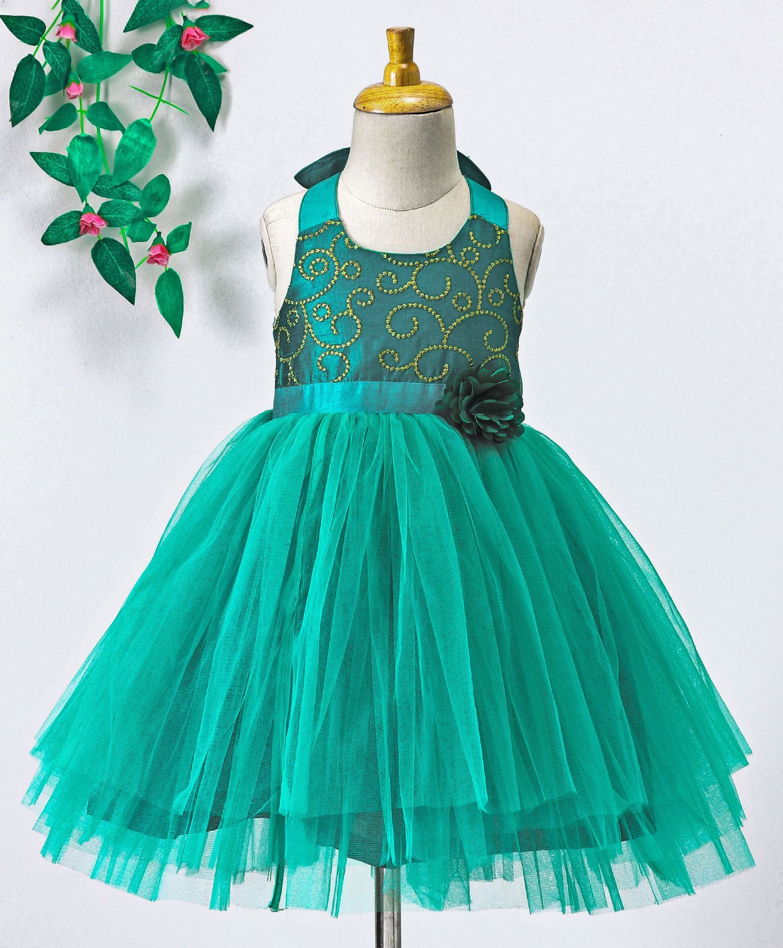 Toy Balloon Flower Embellished Sleeveless Flare Dress - Green