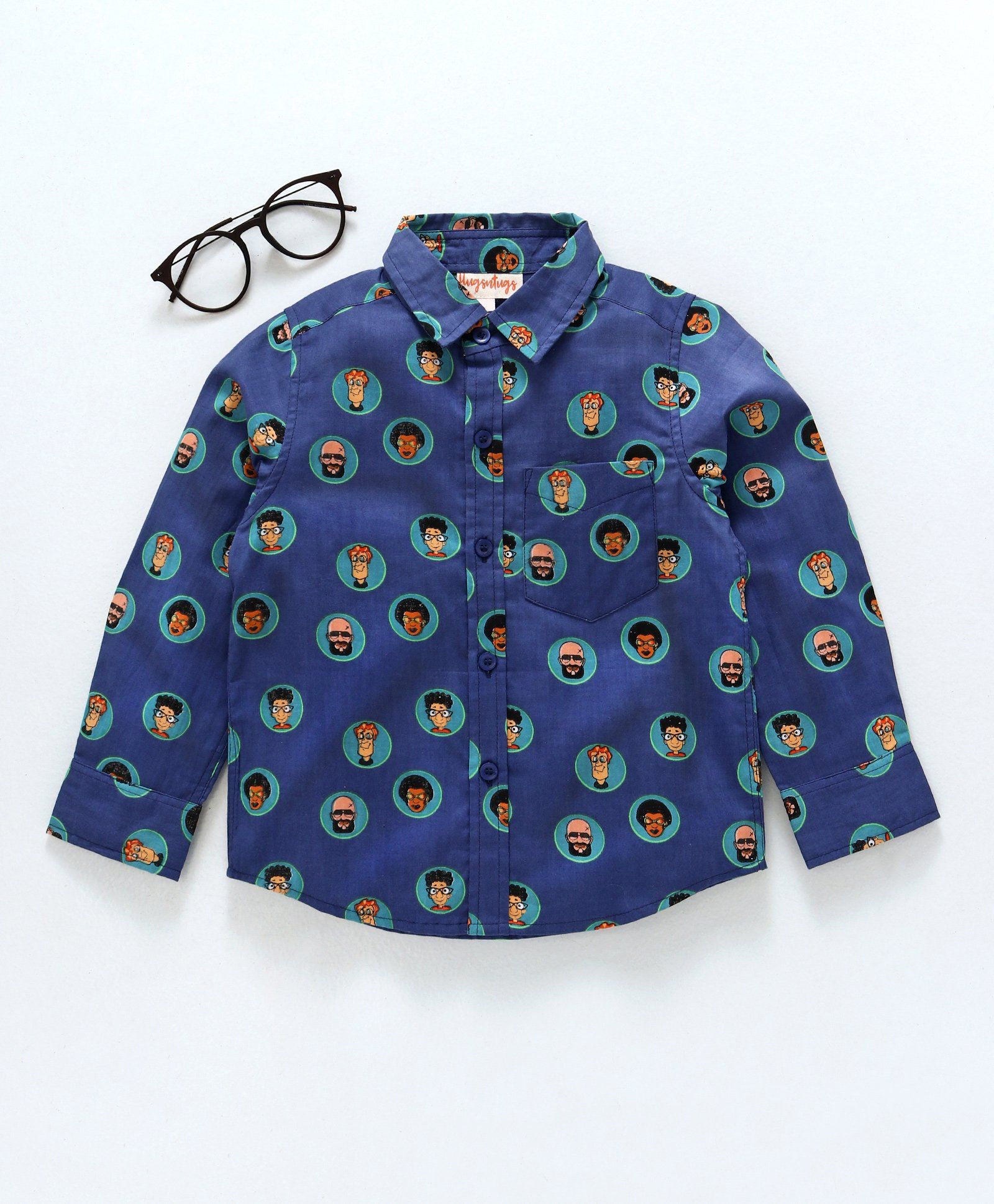 Hugsntugs Full Sleeves Face Print Shirt - Blue