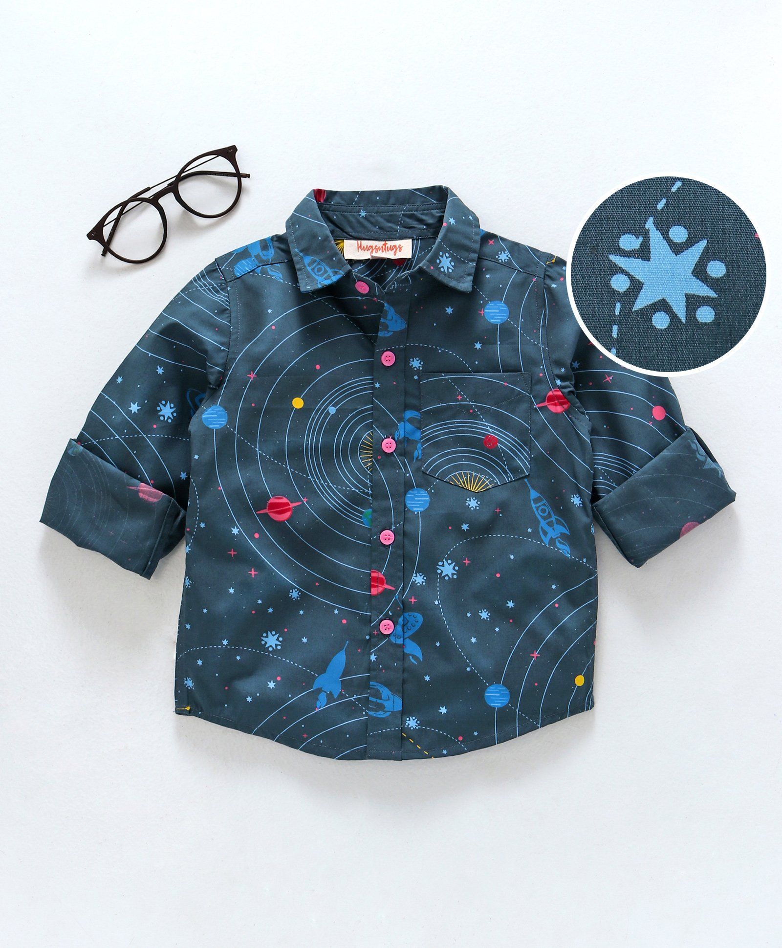 Hugsntugs Full Sleeves Galaxy Theme Printed Shirt - Blue