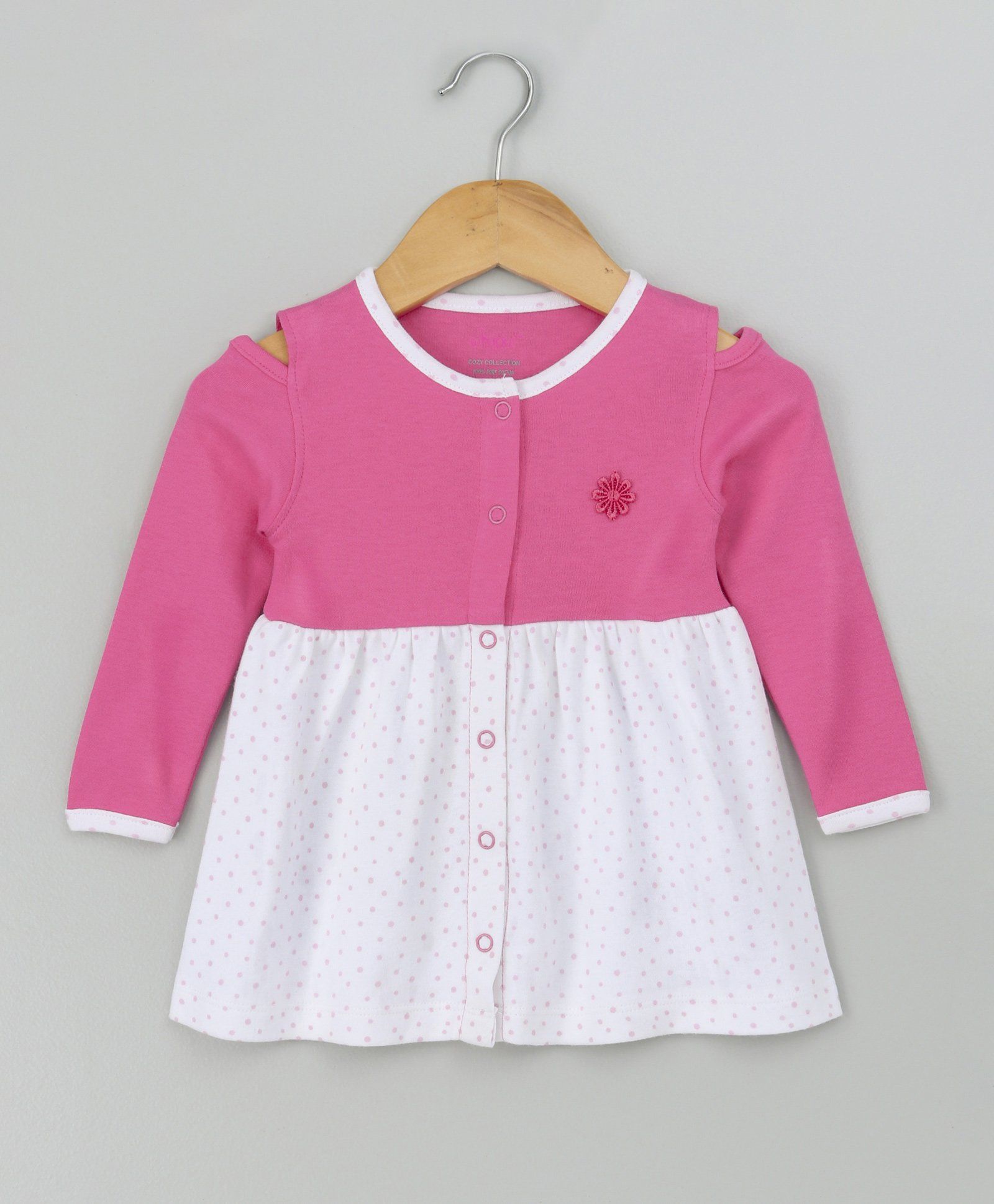 whaou Full Sleeves Frock Flower Applique - Pink