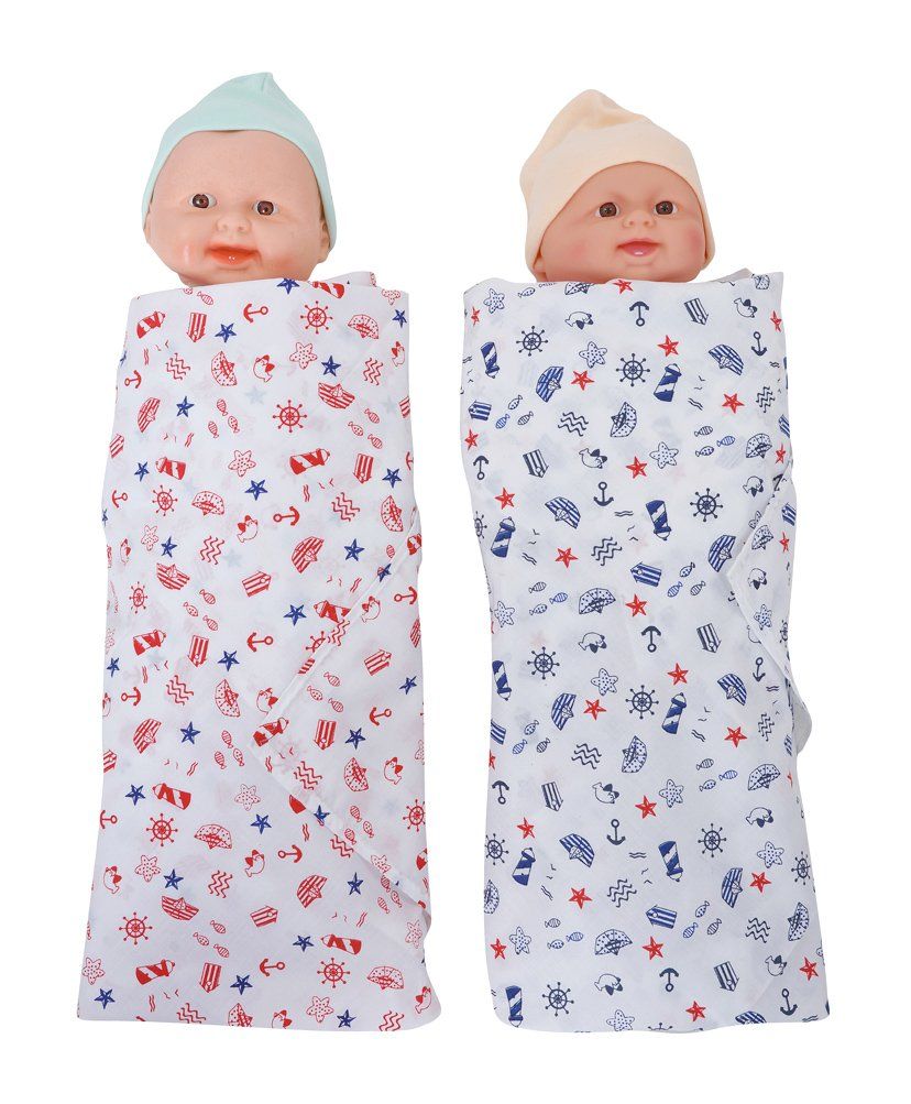 My Stork Story Premium Cotton Swaddle Wrapper Sea Print Set of 2 - Multicolour