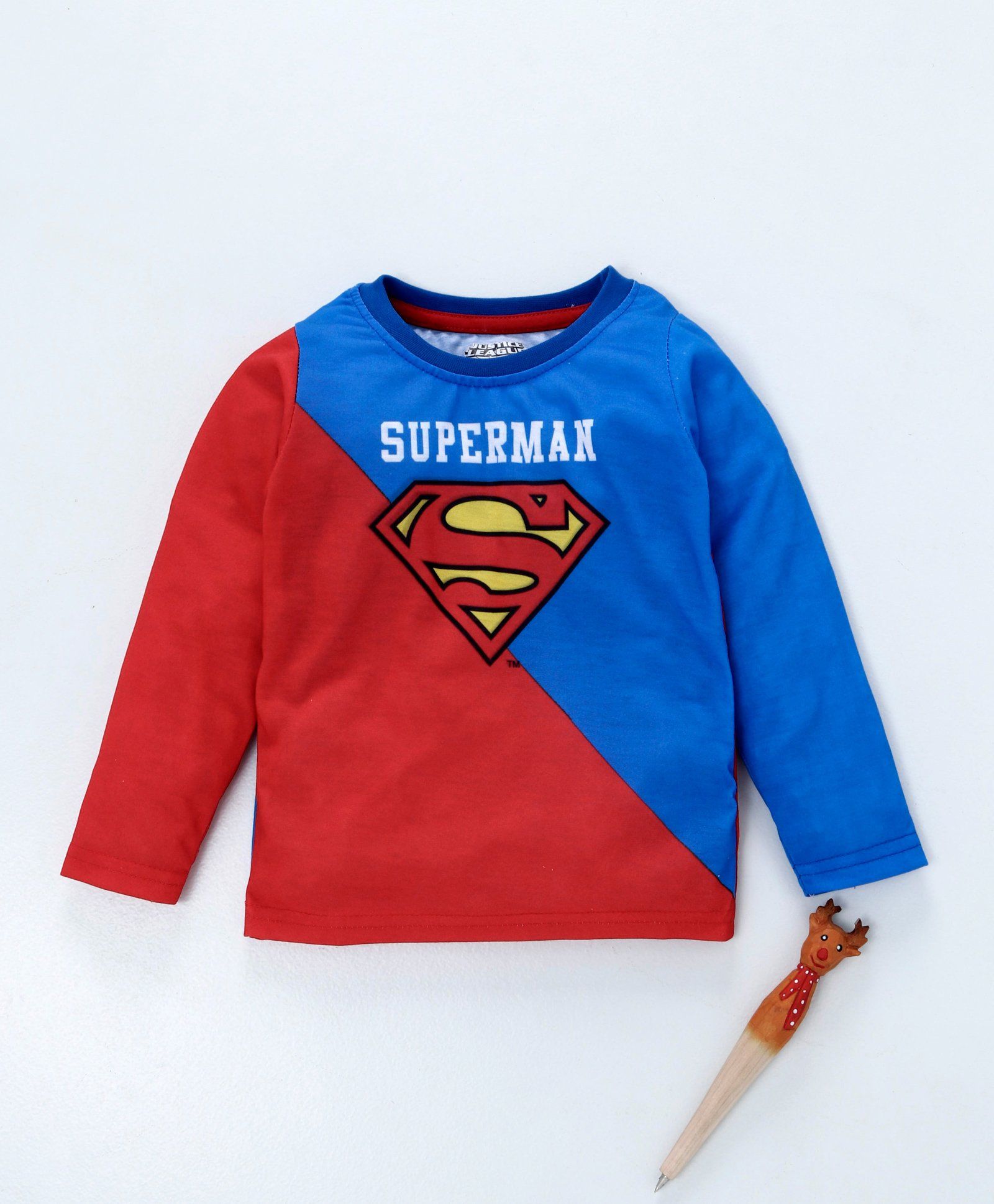 Game Begins Full Sleeves Tee Superman Print - Red Blue