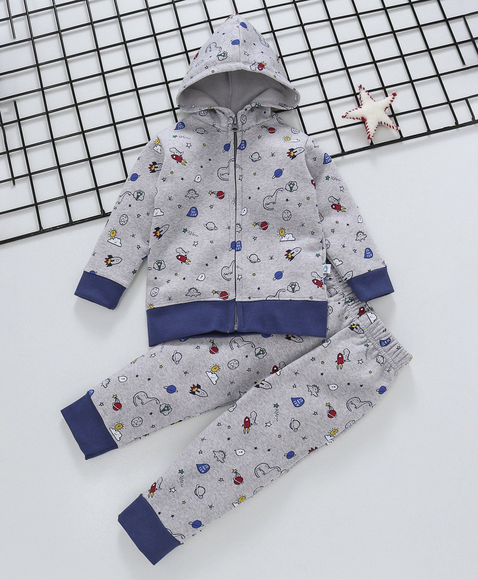 Cuddledoo Saturn & Dinosaur Printed Hooded Jacket & Bottom Set