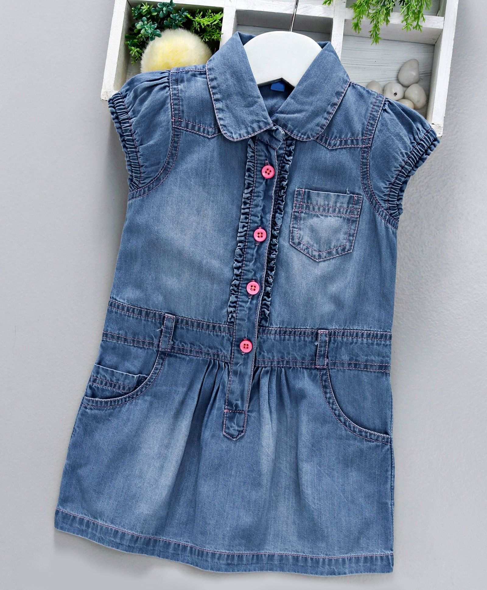 Chicklets Solid Short Sleeves Dress - Blue