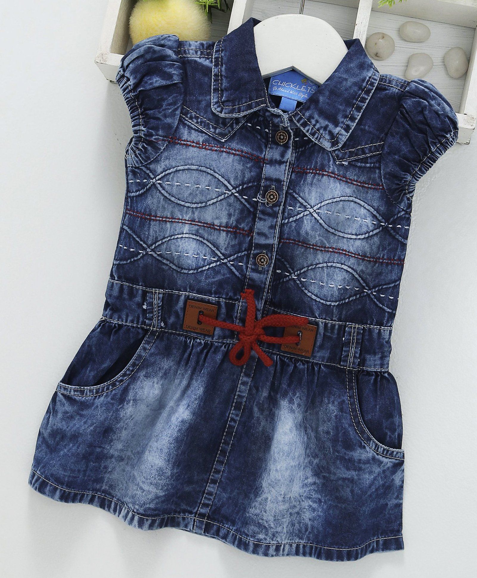 Chicklets Short Sleeves Collar Neck Dress - Dark Blue