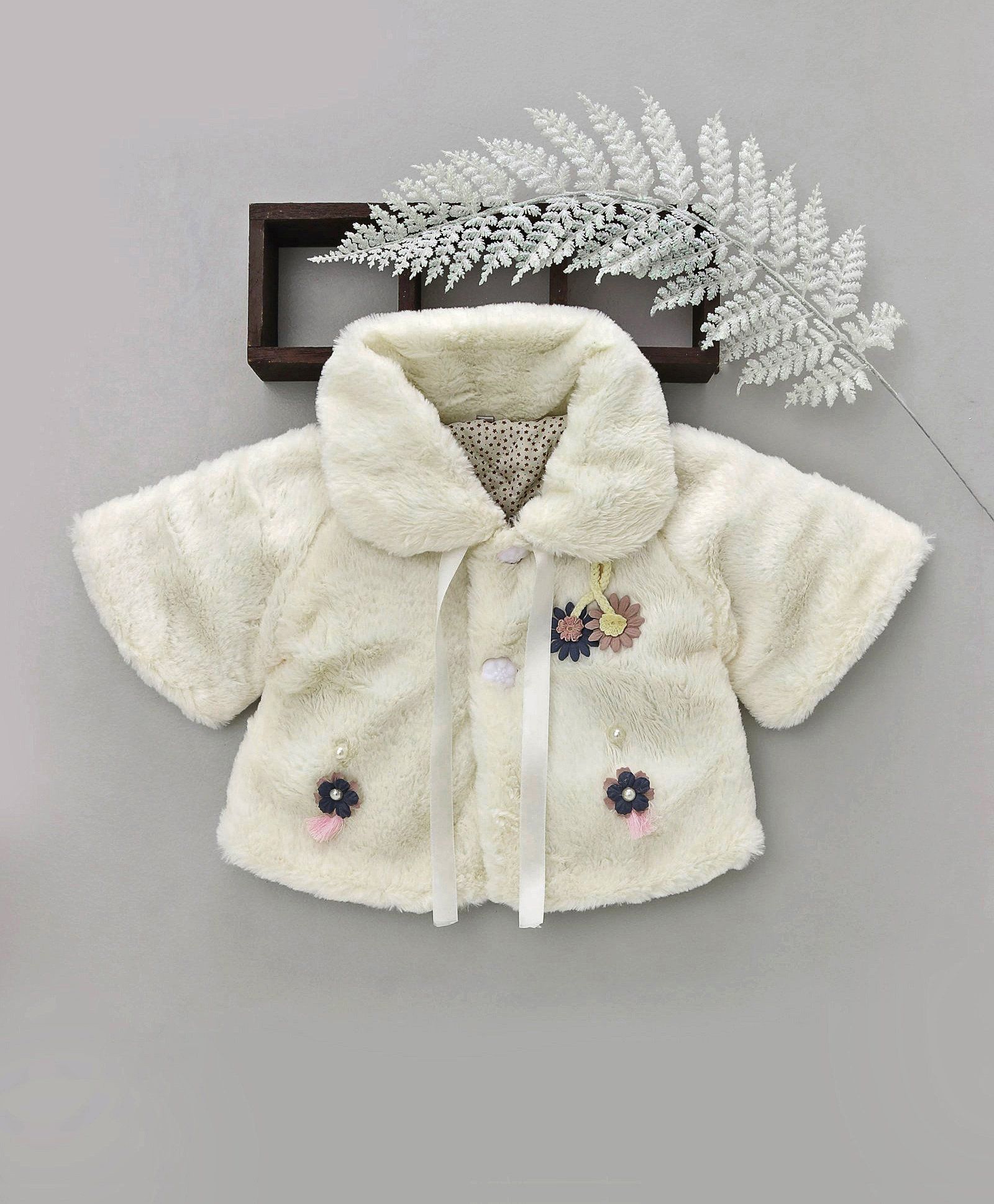 Kookie Kids Flower Applique Half Sleeves Jacket - Off White