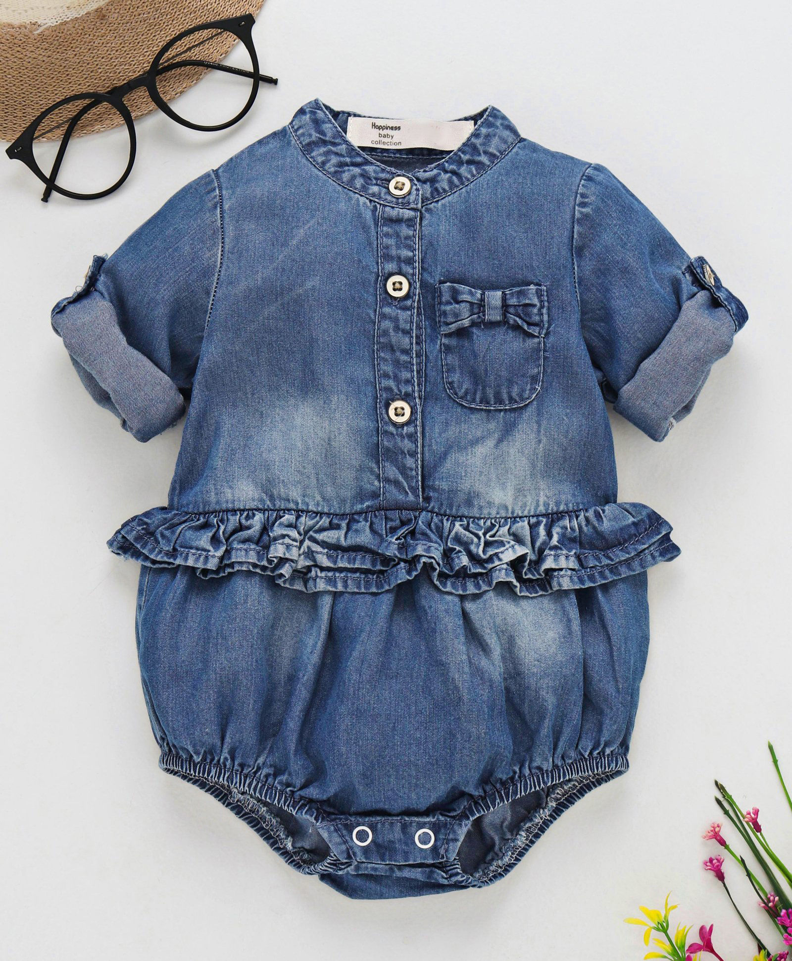 Happiness Solid Ruffled Full Sleeves Onesie - Blue