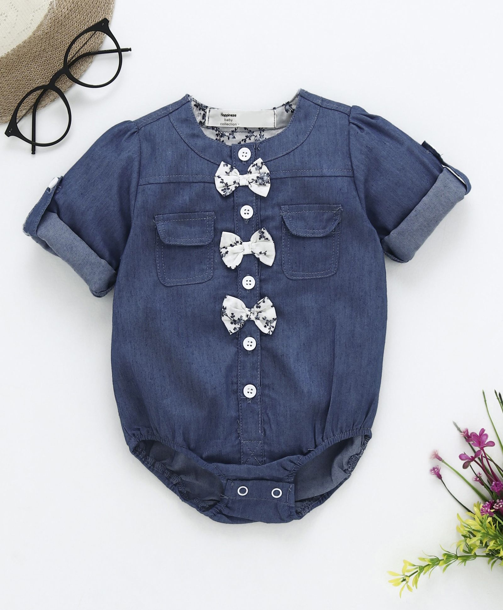 Happiness Bow Applique Full Sleeves Onesie - Blue