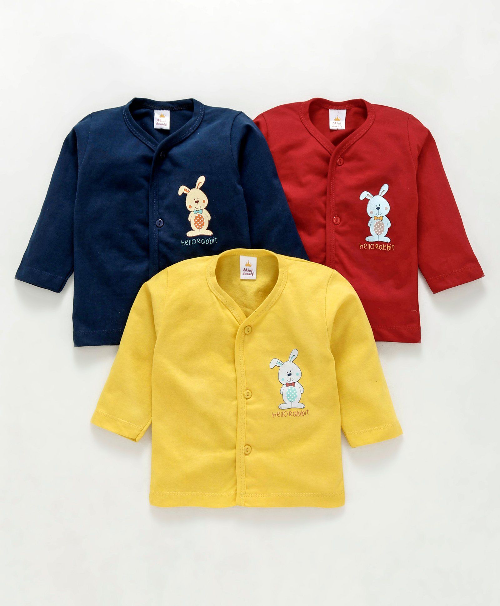 Mini Donuts Full Sleeves Vests Bunny Print Pack of 3 - Blue Red Yellow
