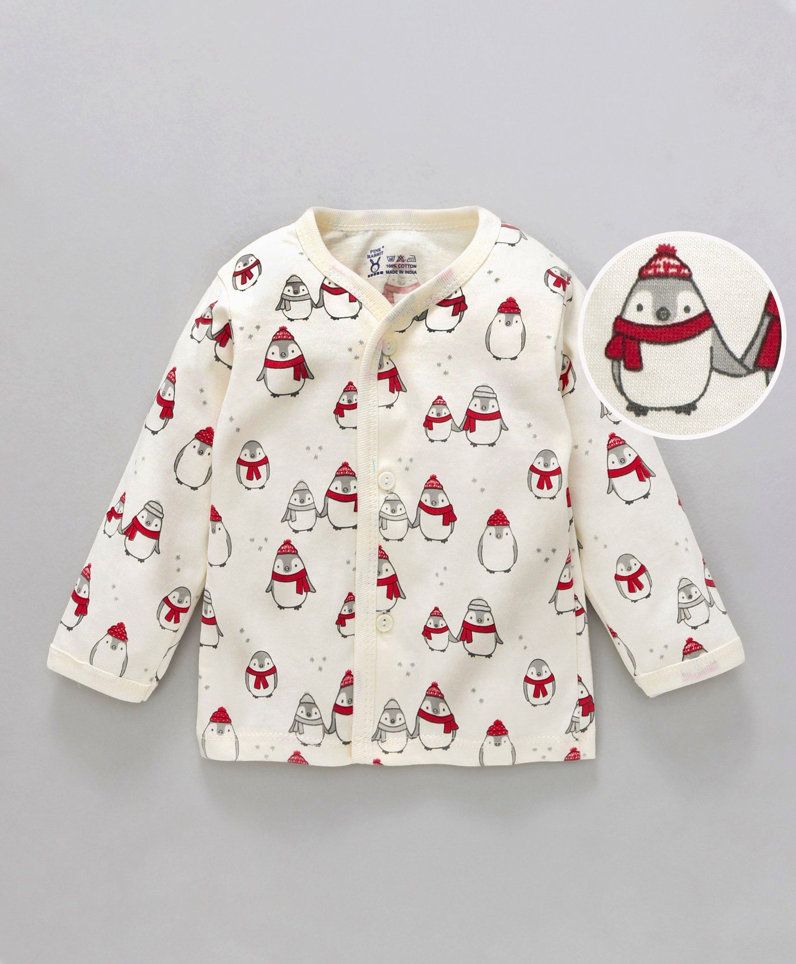 Pink Rabbit Full Sleeves Cotton Vest Penguin Print - Cream