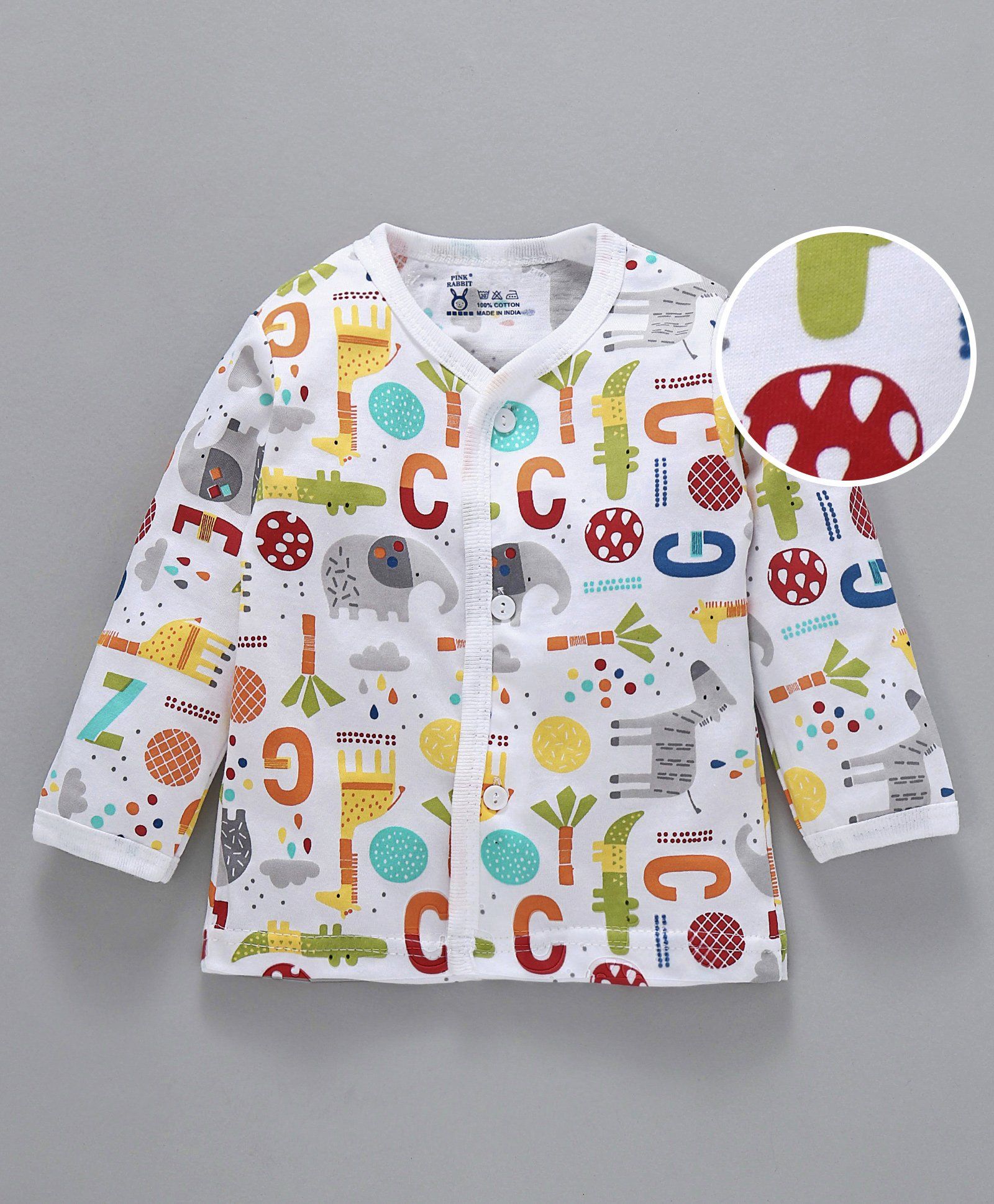 Pink Rabbit Full Sleeves Cotton Vest Animal & Alphabet Print - White