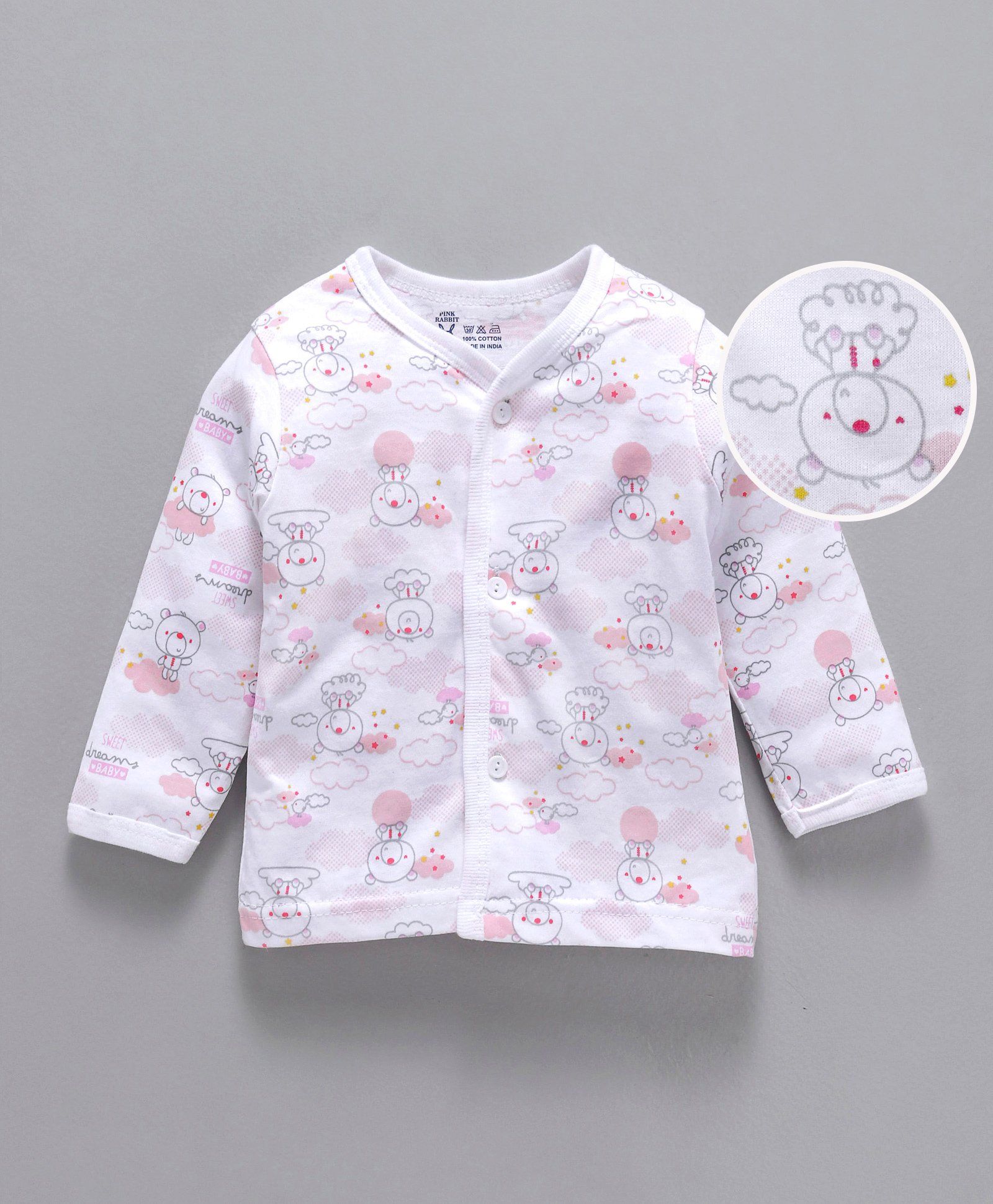 Pink Rabbit Full Sleeves Cotton Vest Bear Print - White
