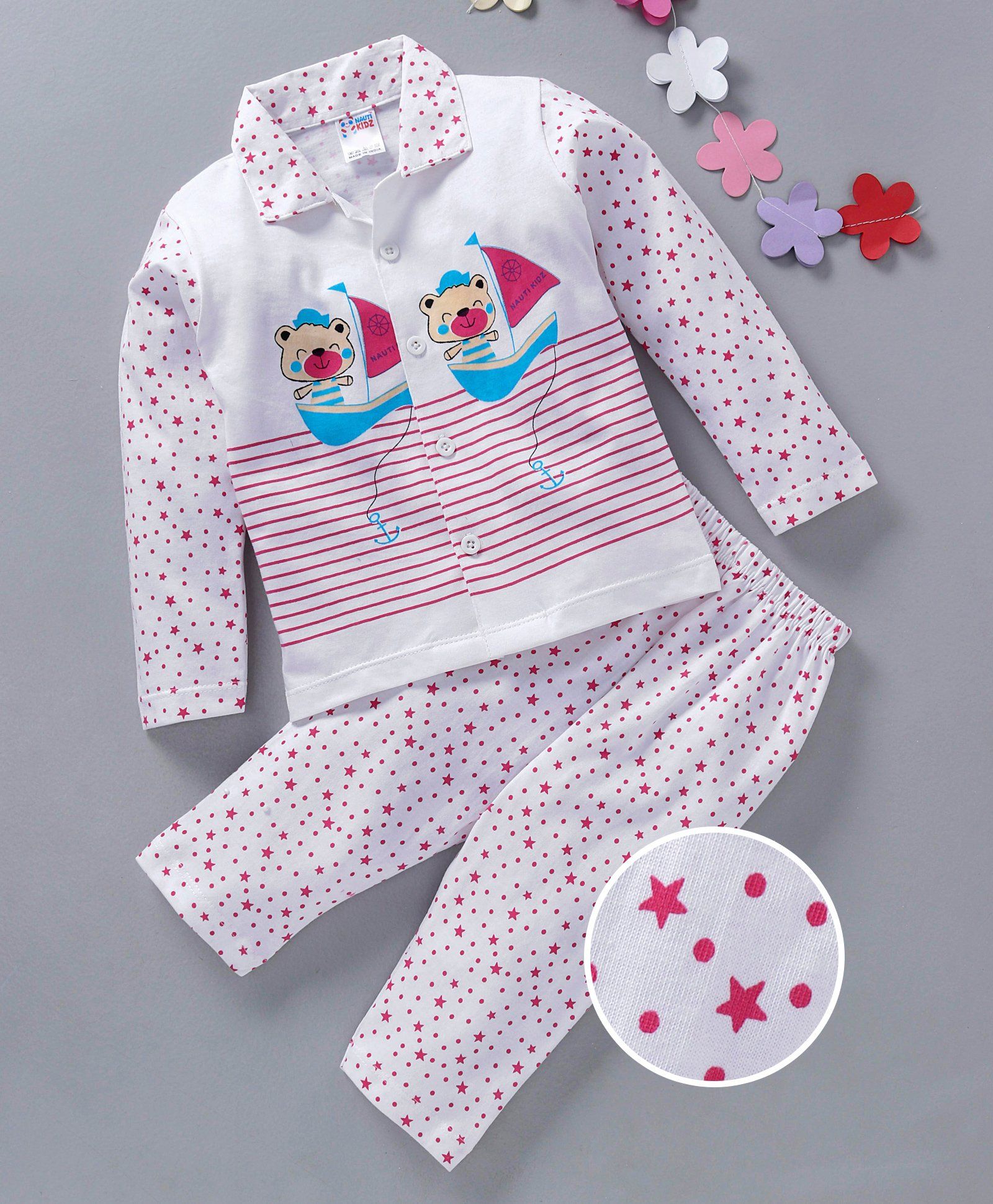 Nauti Kidz Bear Printed Full Sleeves Night Suit - White