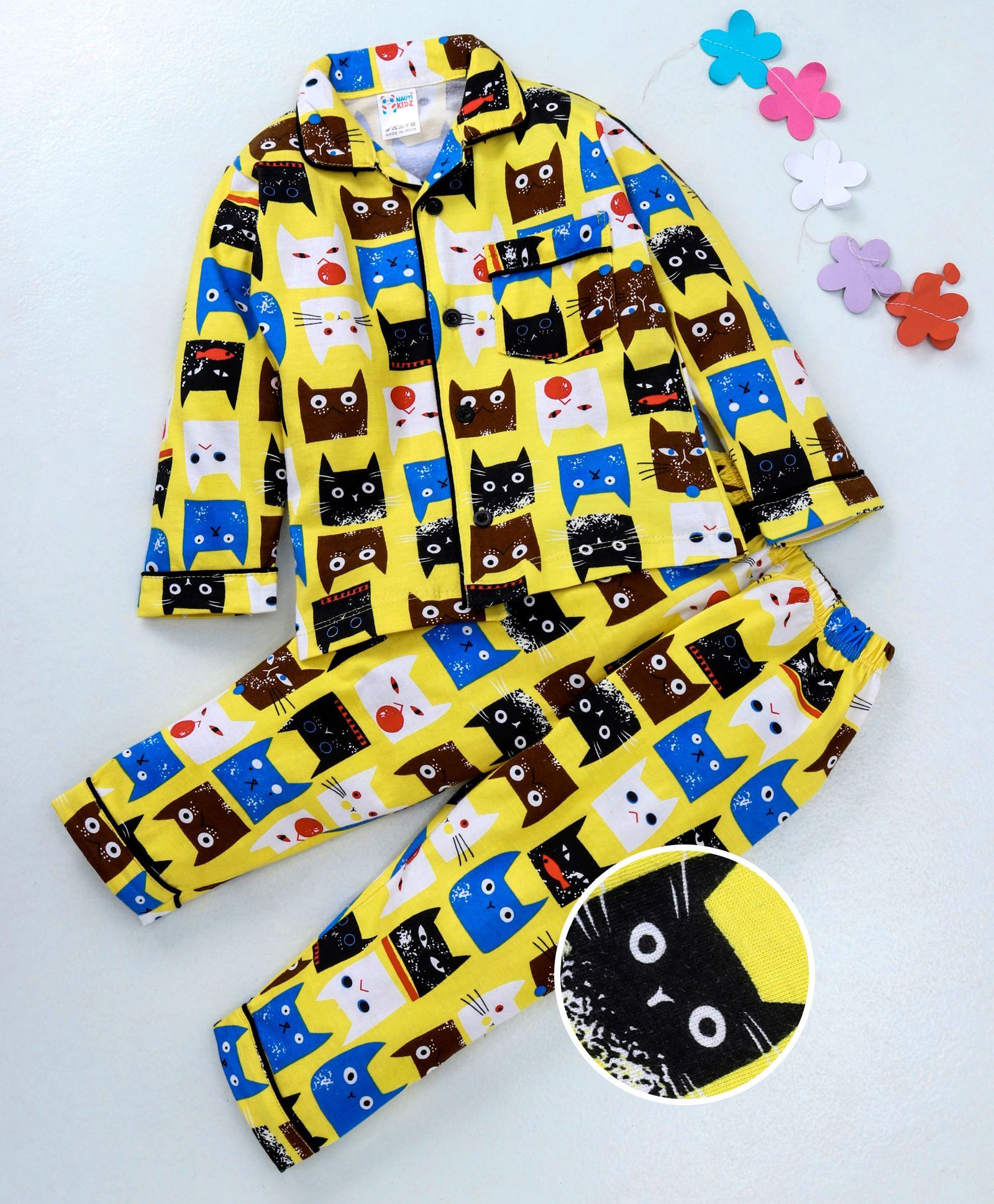 Nauti Kidz Full Sleeves All Over Cat Face Print Night Suit