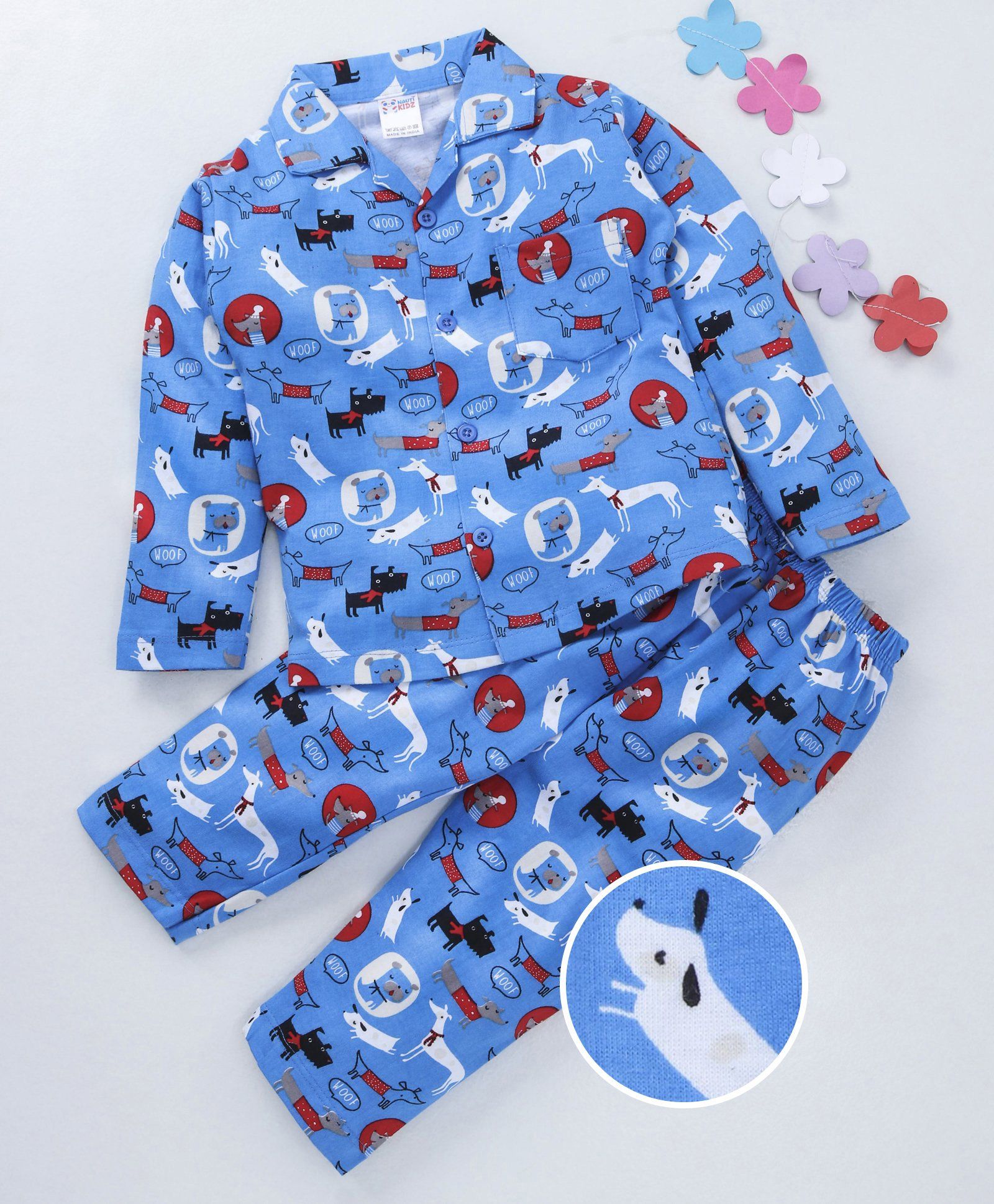 Nauti Kidz Full Sleeves All Over Dog Print Night Suit - Blue