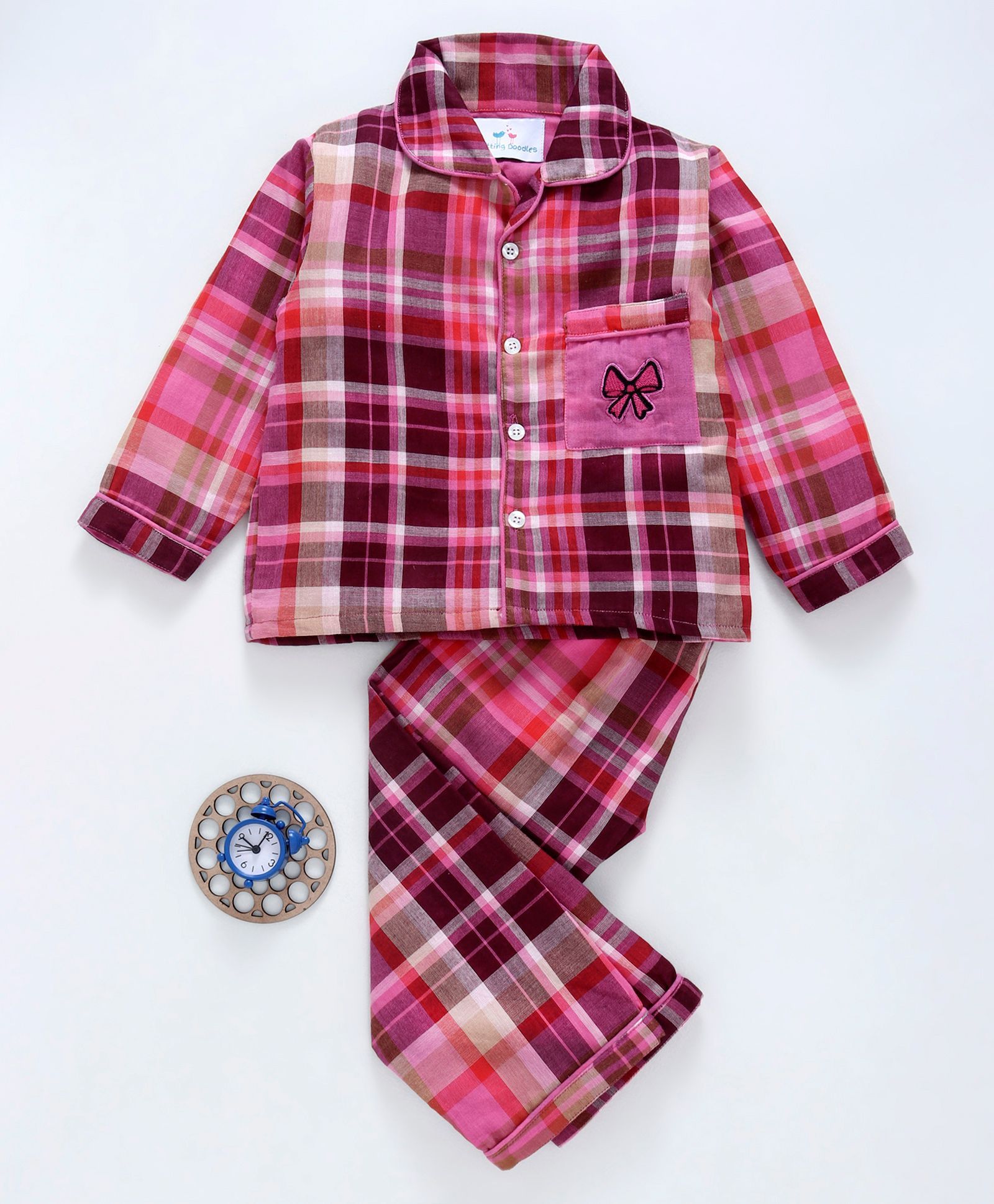 Knitting Doodles Full Sleeves Checkered Bow Patch Work Night Suit - Pink