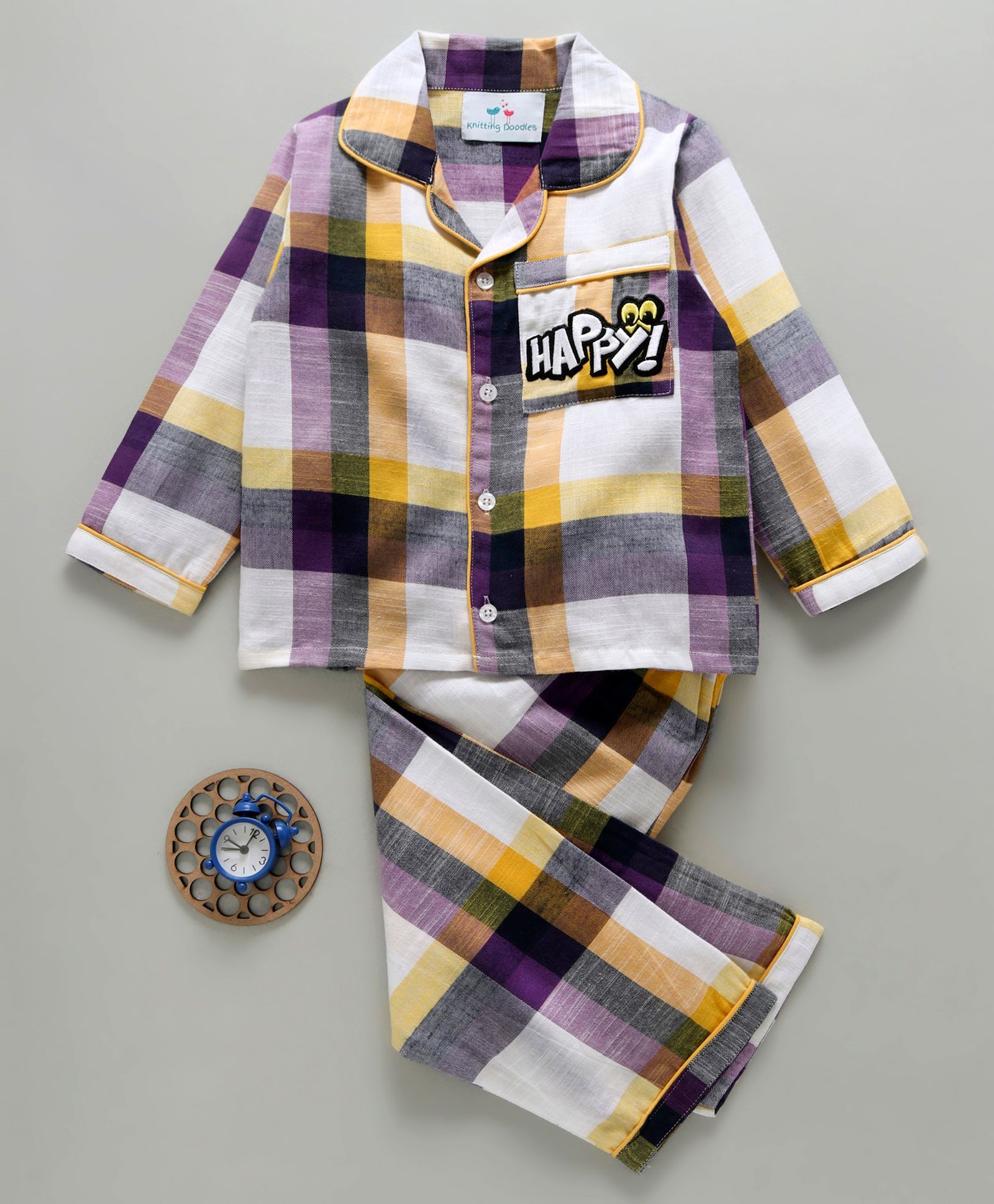 Knitting Doodles Full Sleeves Checkered Night Suit With Happy Patch Work - Purple & White