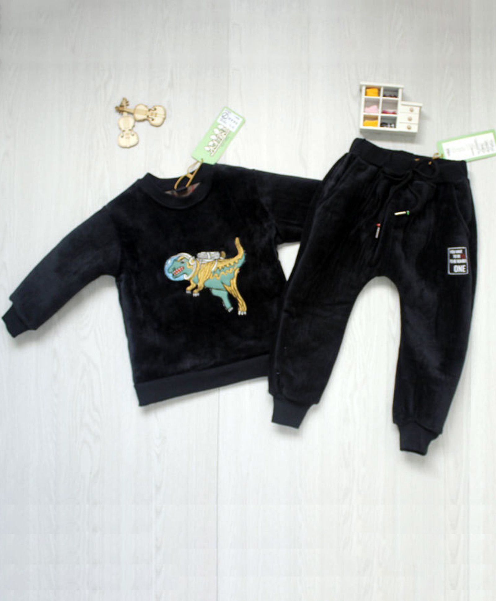Pre Order - Lil Mantra Space Dino Printed Full Sleeve Sweatshirt & Bottom Set - Black