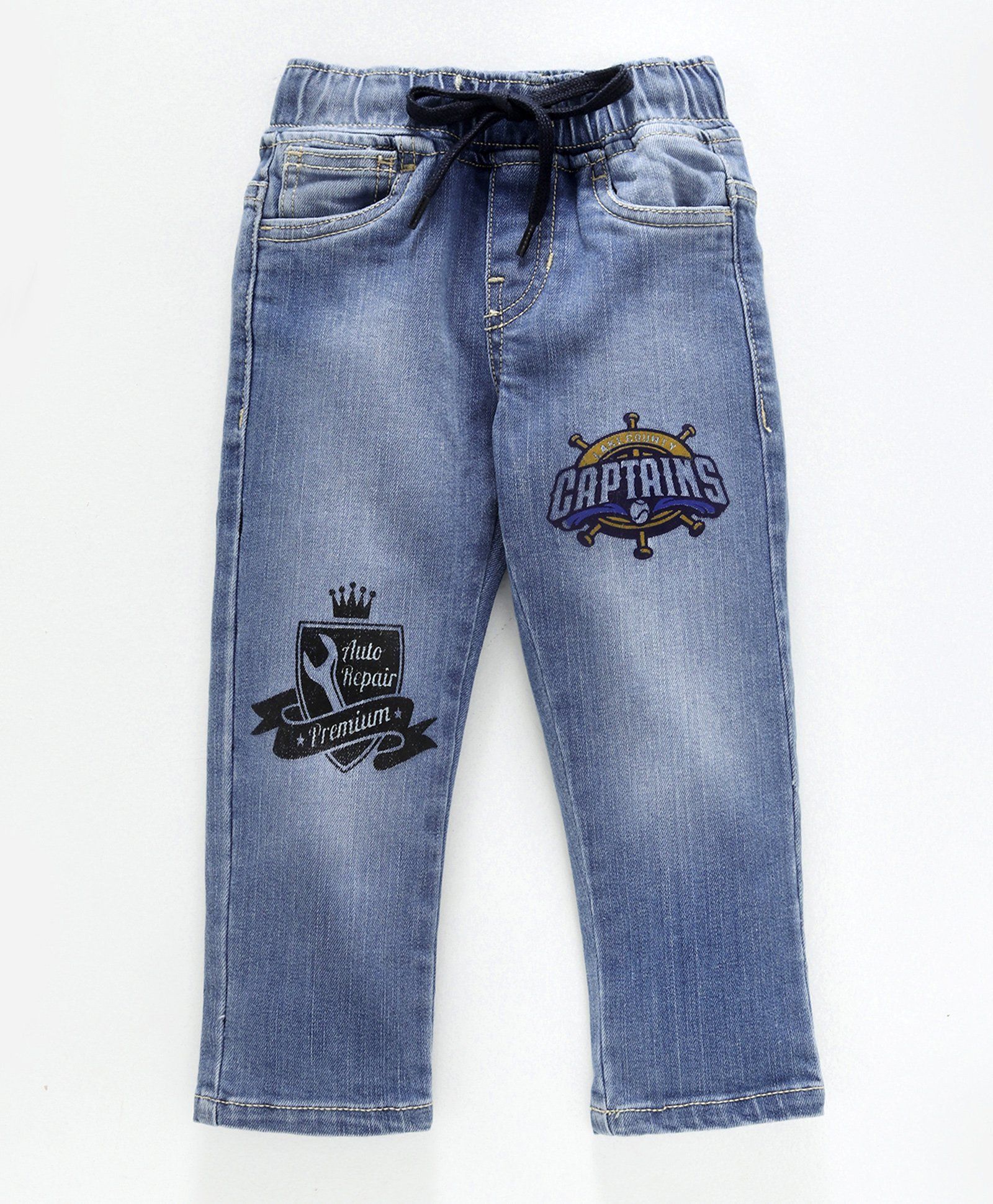 KiddoPanti Captain Printed Denim Pant - Light Blue