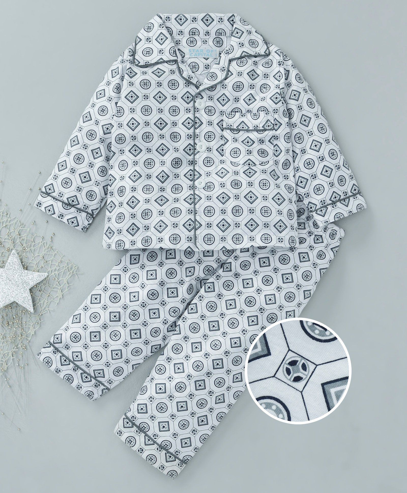 Star Of Capital All Over Printed Night Suit - Grey & White