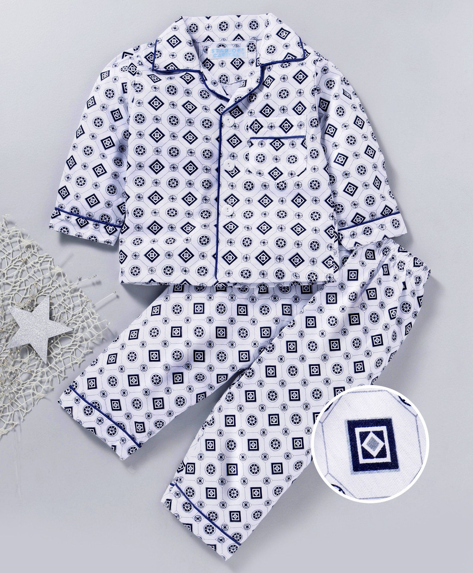 Star Of Capital All Over Printed Night Suit - Navy & White