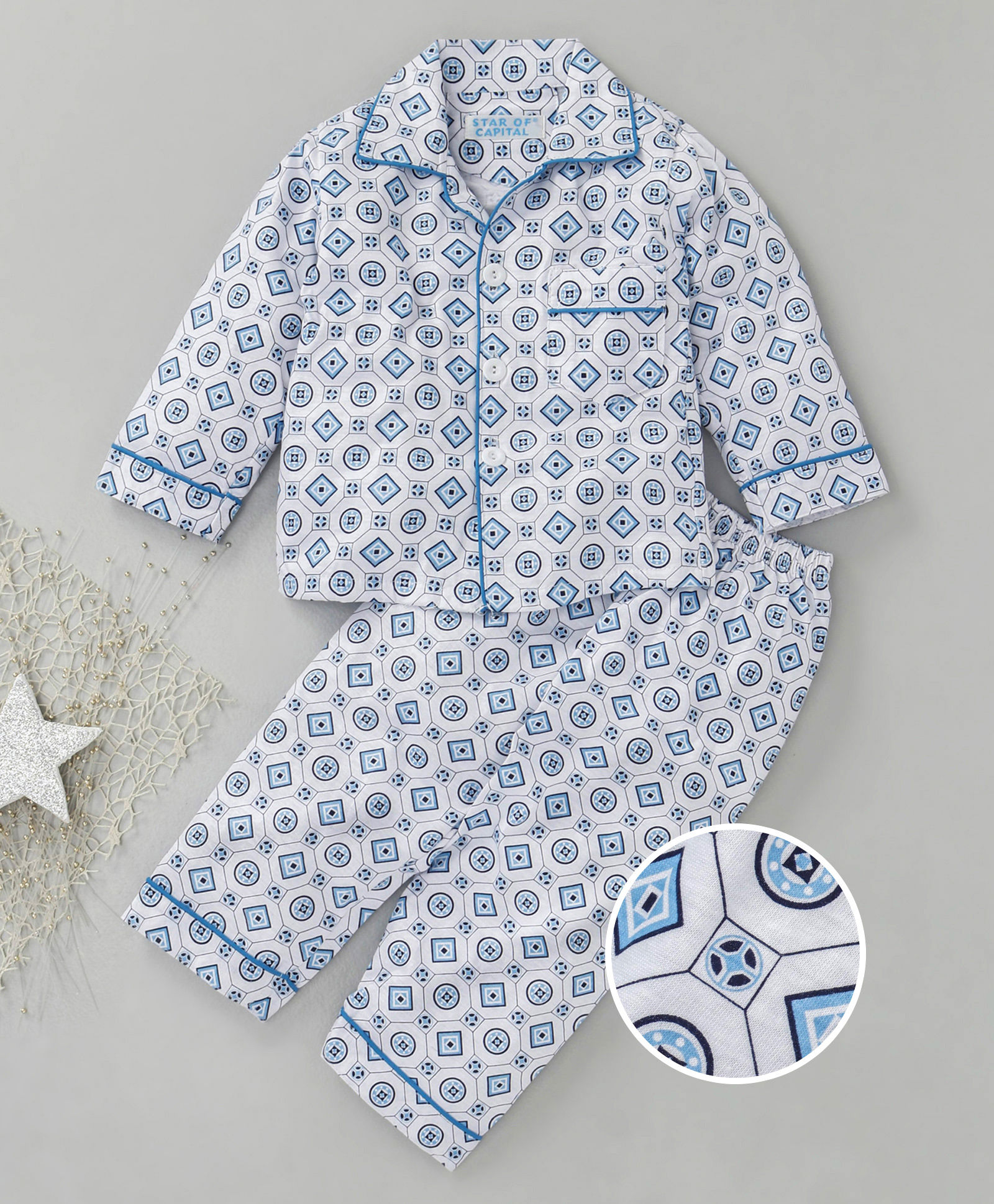 Star Of Capital All Over Printed Night Suit - Blue & White