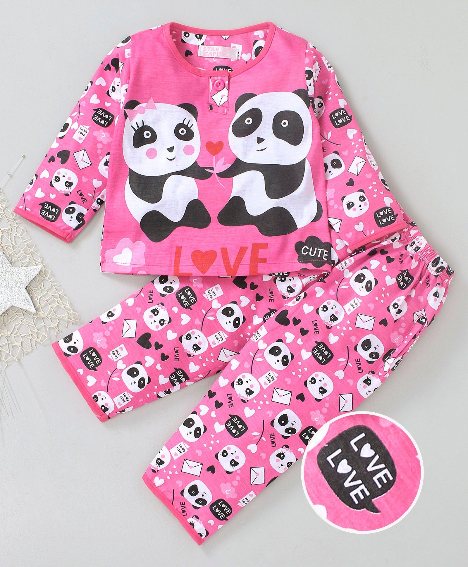 Star Of Capital Panda Printed Night Suit - Pink