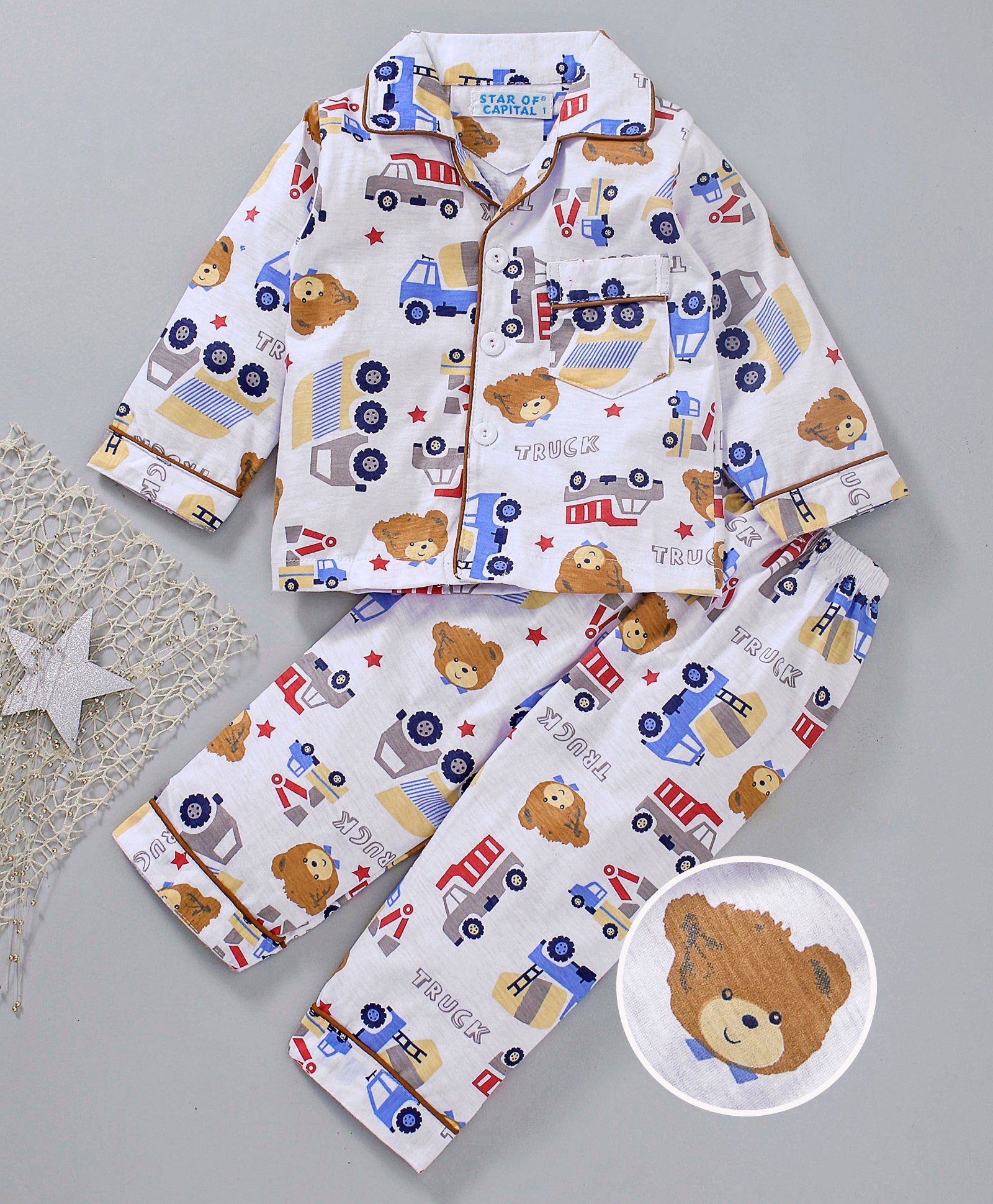 Star Of Capital Bus & Bear Printed Night Suit - Brown