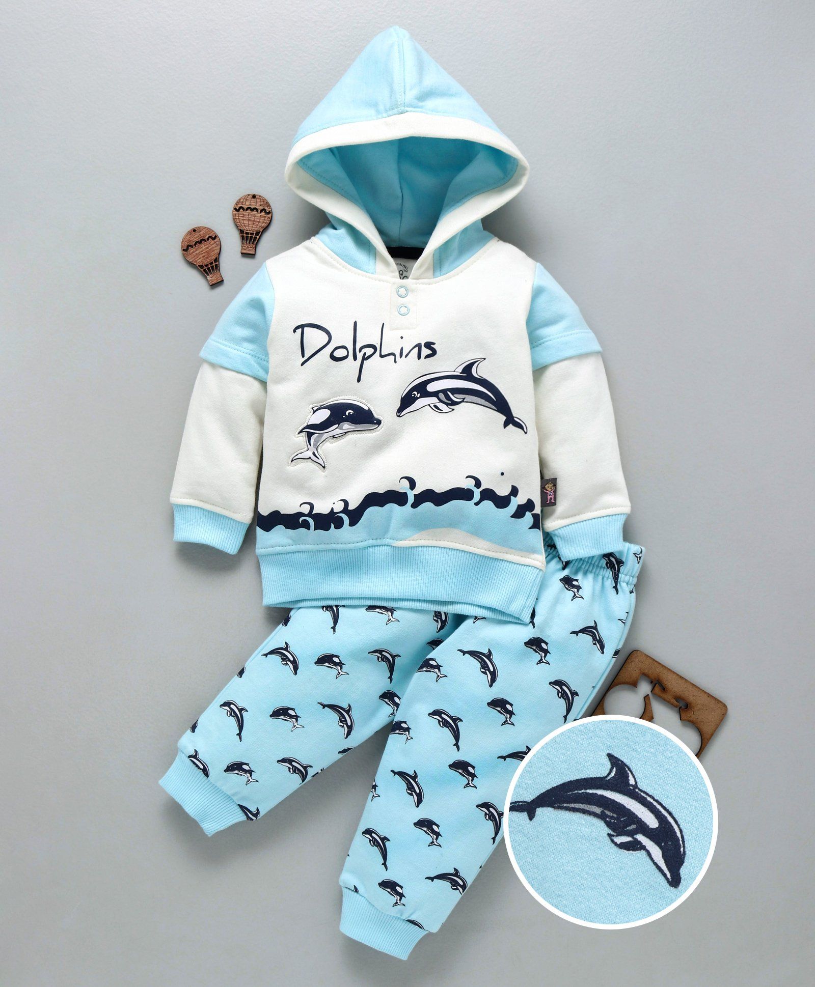 NOQ NOQ Full Sleeves Dolphin Print Hoodie & Printed Bottom Set - Light Blue & White