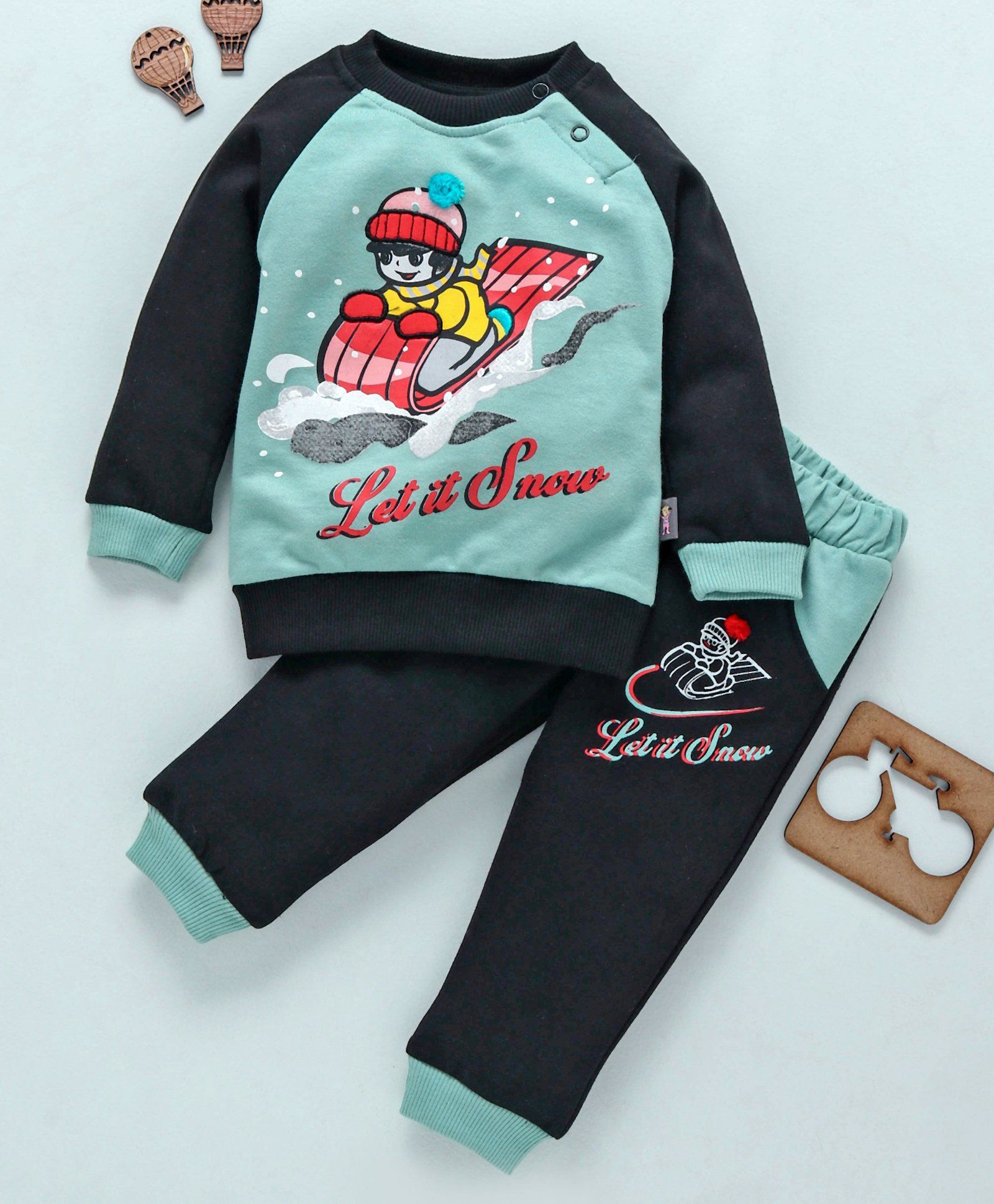 NOQ NOQ Full Sleeves Let It Snow Print Sweatshirt & Bottom Set - Blue