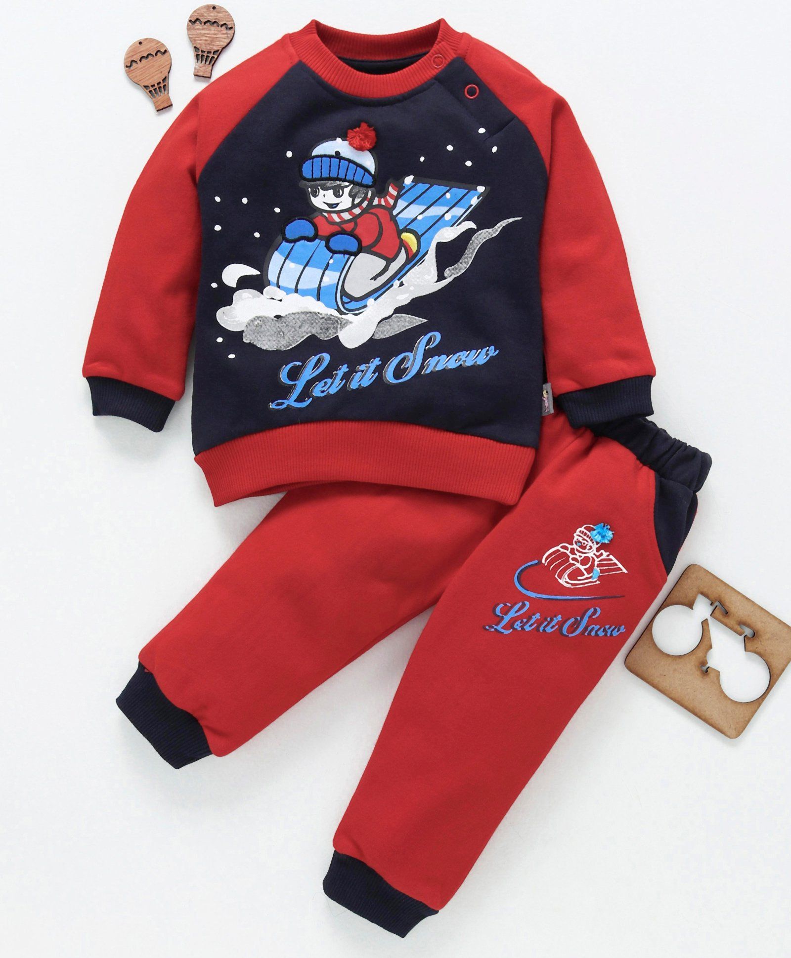 NOQ NOQ Full Sleeves Let It Snow Print Sweatshirt & Bottom Set - Navy Blue