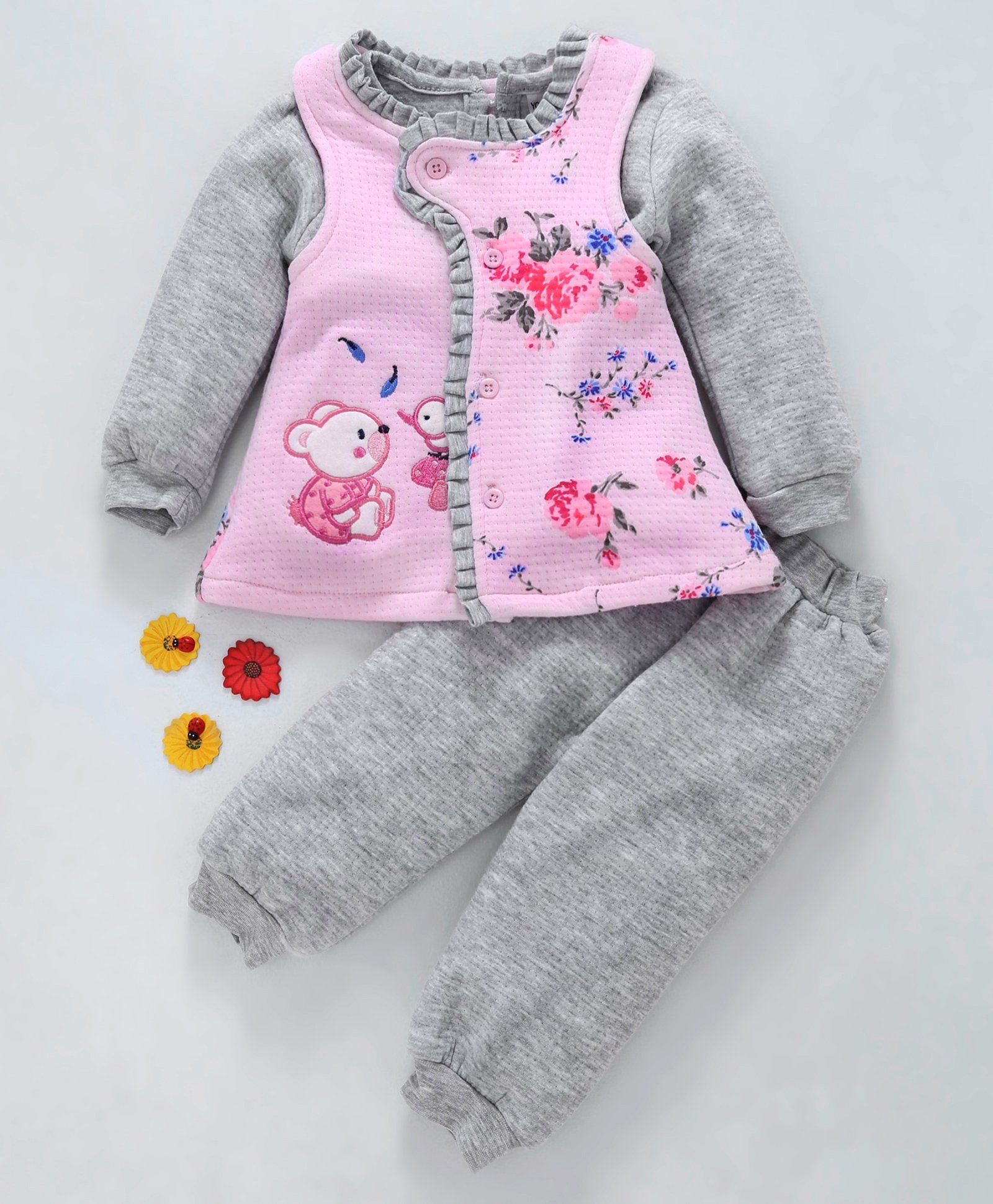 U R Cute Flower Print Top With Full Sleeves Inner Tee & Bottom Set - Pink & Grey