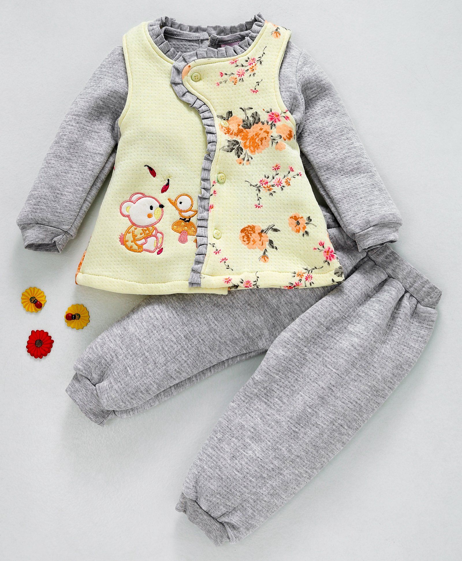 U R Cute Flower Print Top With Full Sleeves Inner Tee & Bottom Set - Yellow & Grey
