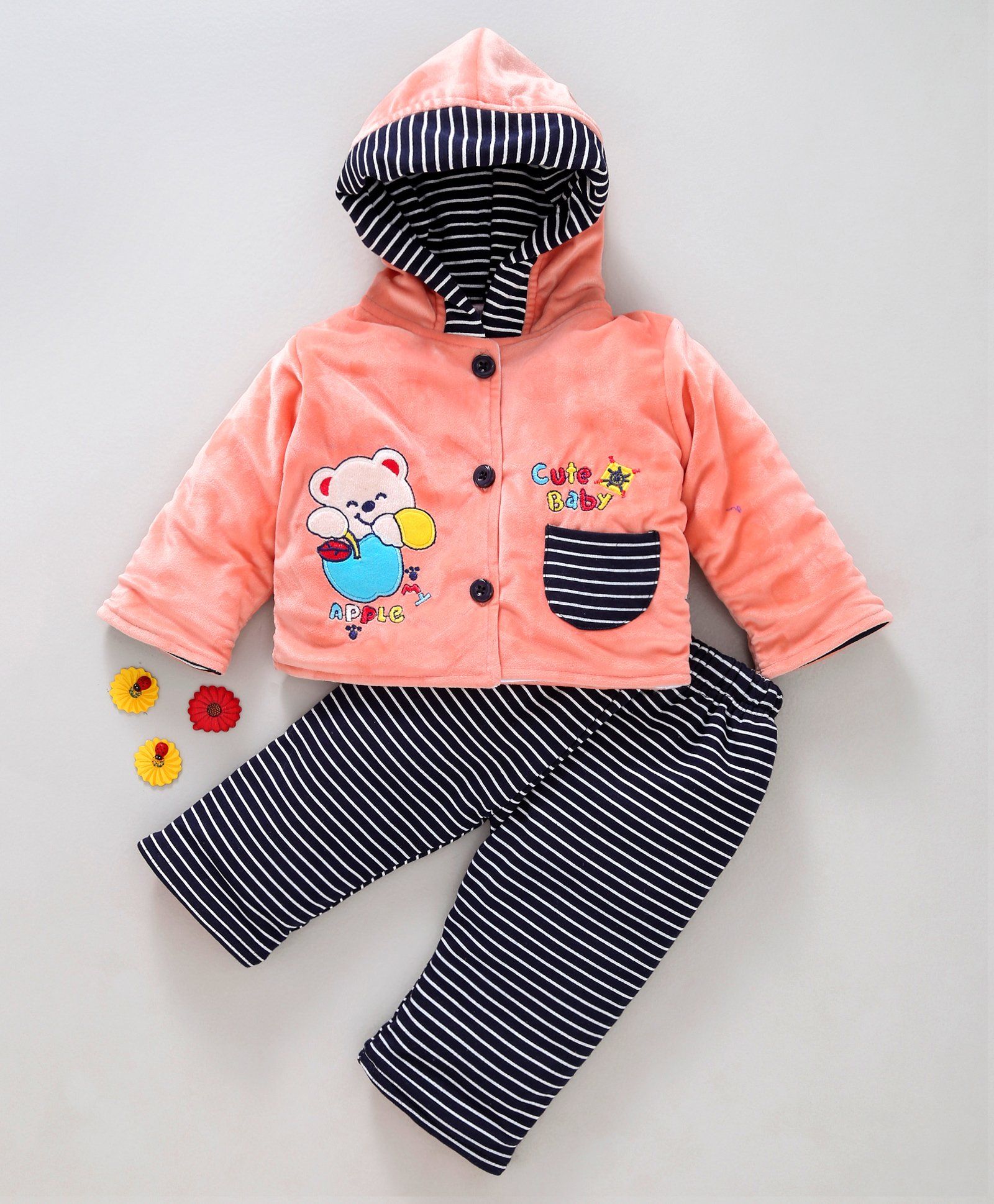 U R Cute Bear Patch Full Sleeves Hooded Jacket & Striped Bottom