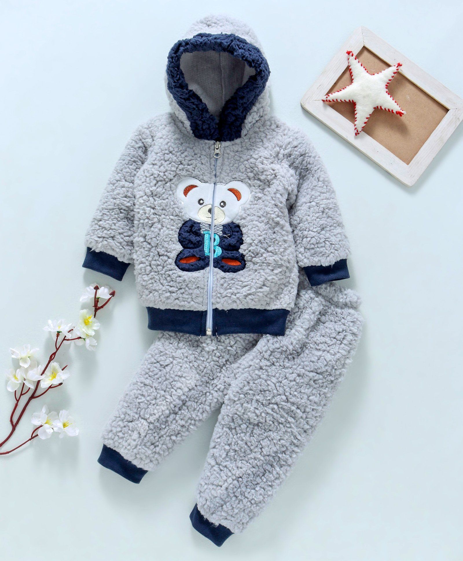 MFM Teddy Patch Full Sleeves Jacket & Bottom - Grey