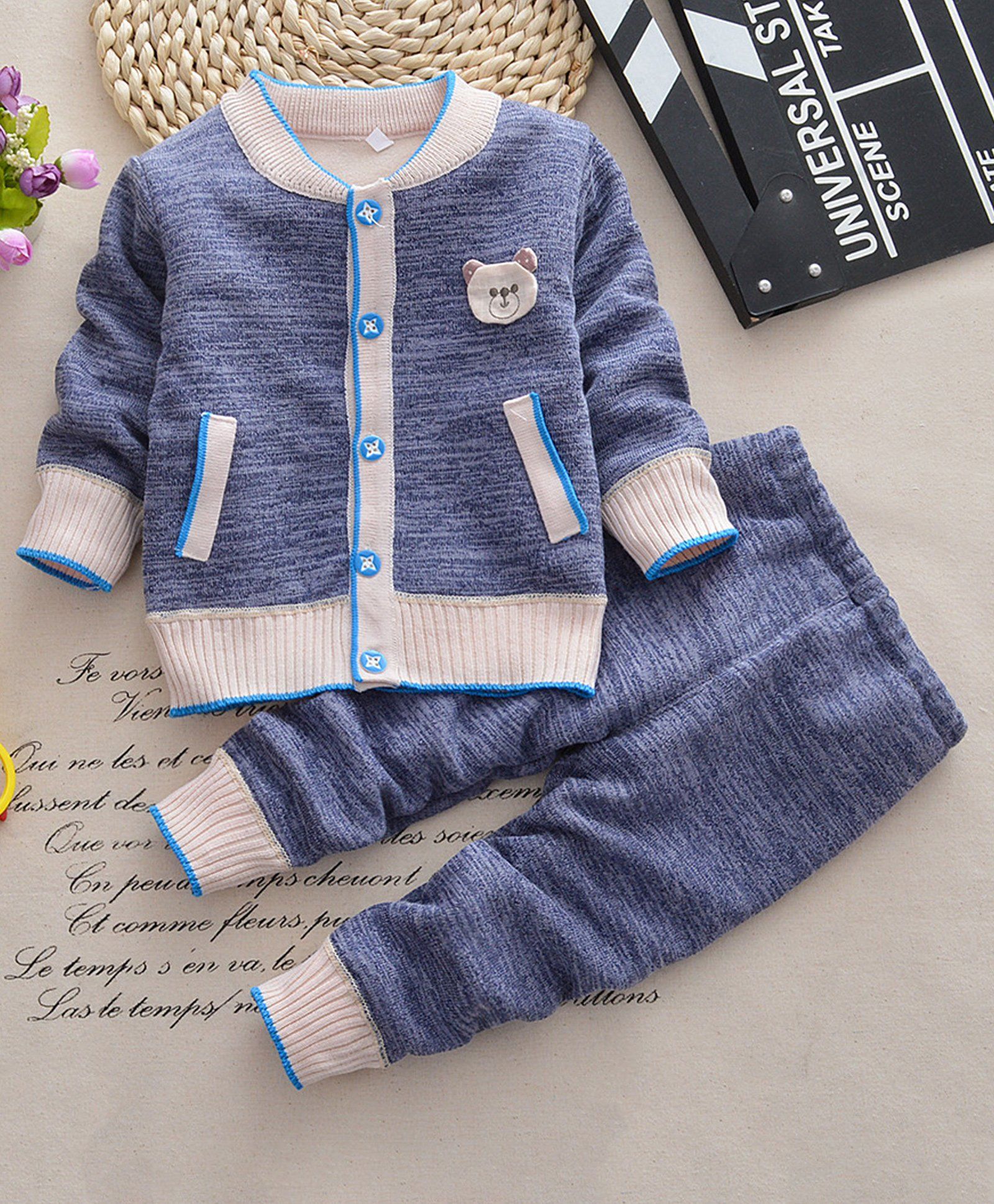 Pre Order - Lil Mantra Bear Patch Full Sleeves Sweater & Bottom Set - Blue