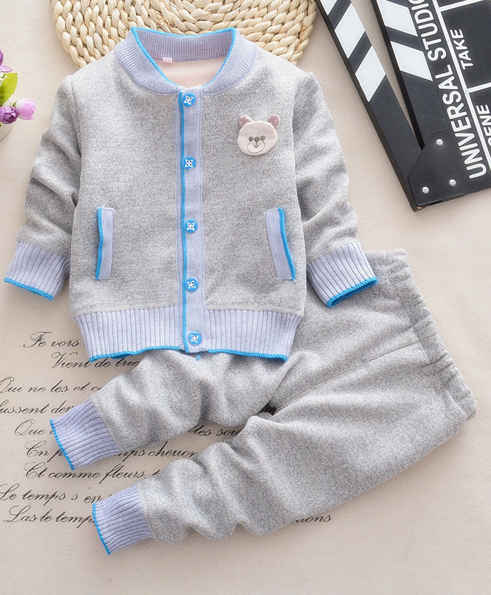 Pre Order - Lil Mantra Bear Patch Full Sleeves Sweater & Bottom Set - Grey