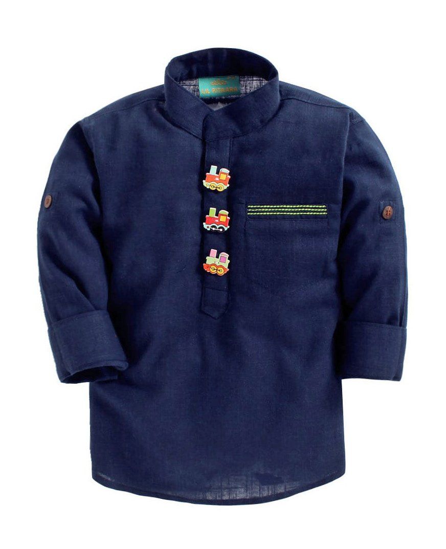 LIL PITAARA Solid Long Sleeves Shirt With Engine Shaped Buttons - Navy