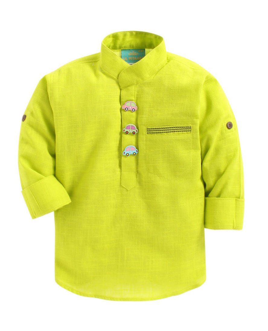 LIL PITAARA Solid Long Sleeves Shirt With Car Shaped Buttons - Lime Green