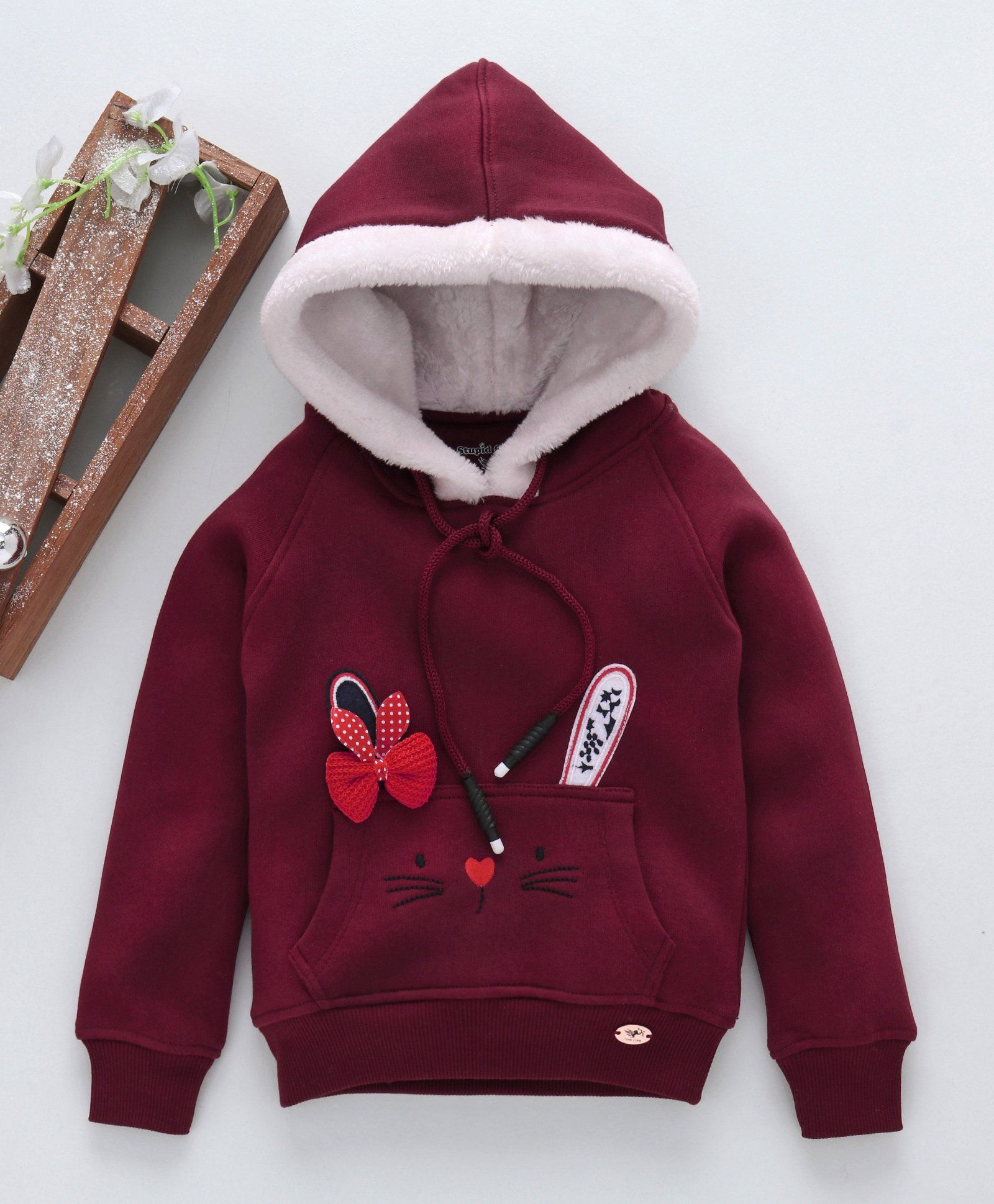 Stupid Cupid Cat Design & Bow Applique Full Sleeves Hoodie - Maroon