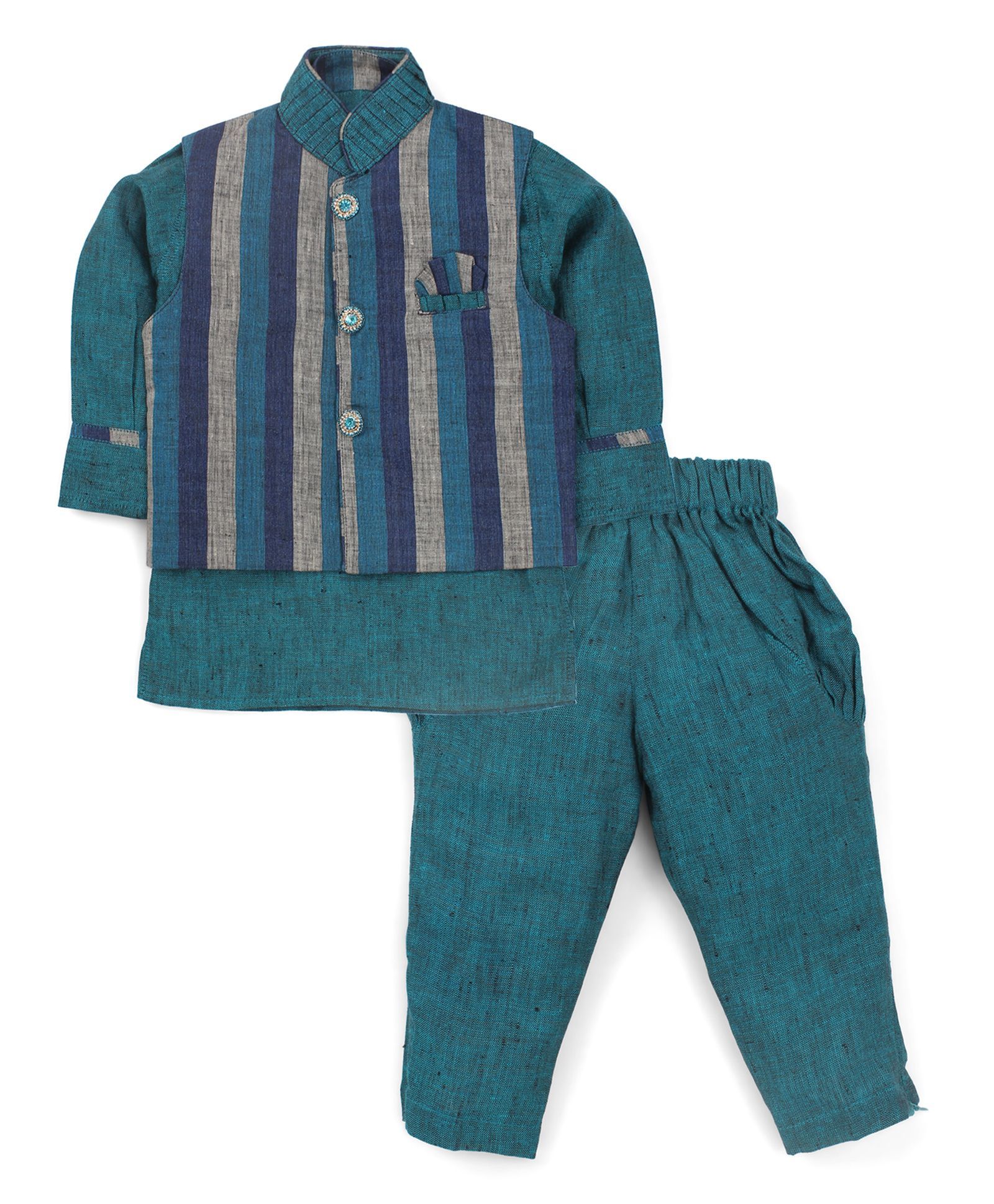 Active Kids Wear Jodhpuri Kurta And Pajama With Jacket Stripes - Blue