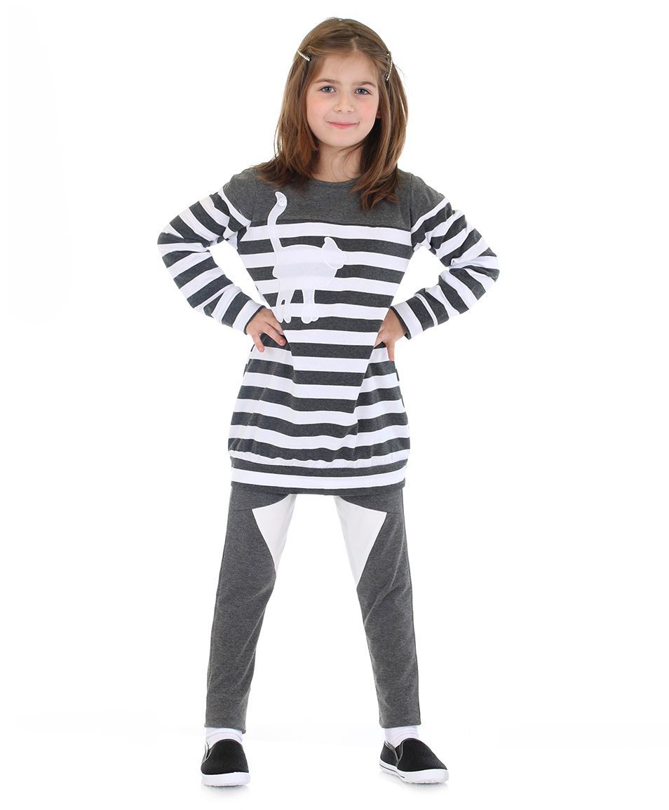 Mikko Kids Stripe Tunic And Leggings Set - Grey And White