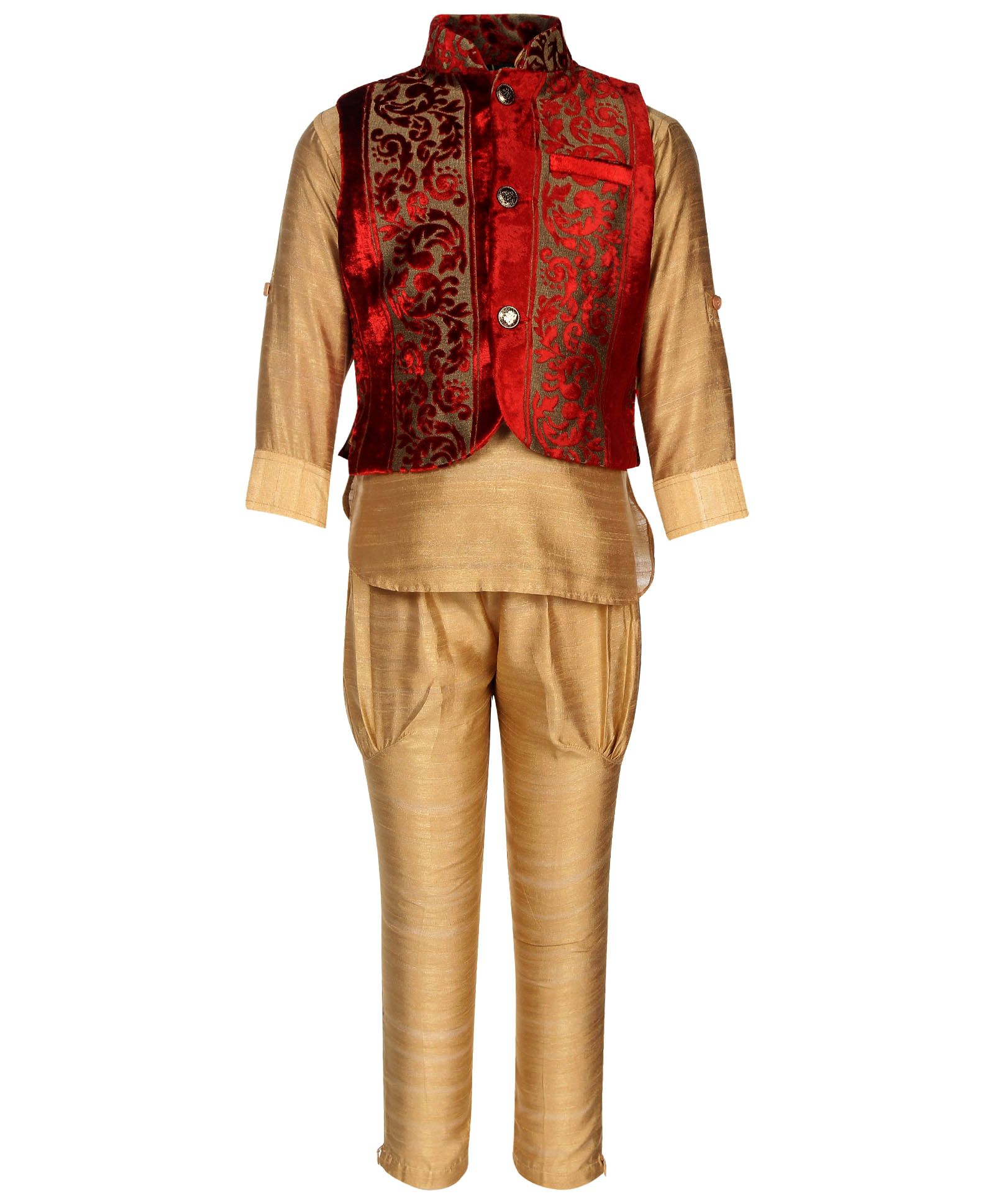 Little Bull Ethnic Kurta Pajama Designer Jacket Set - Maroon Beige