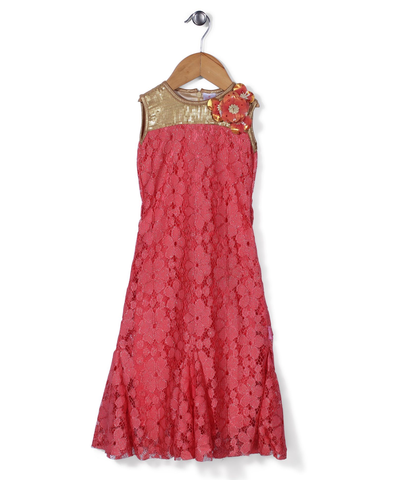 Chocopie Sleeveless Floral Applique Party Wear - Red & Golden