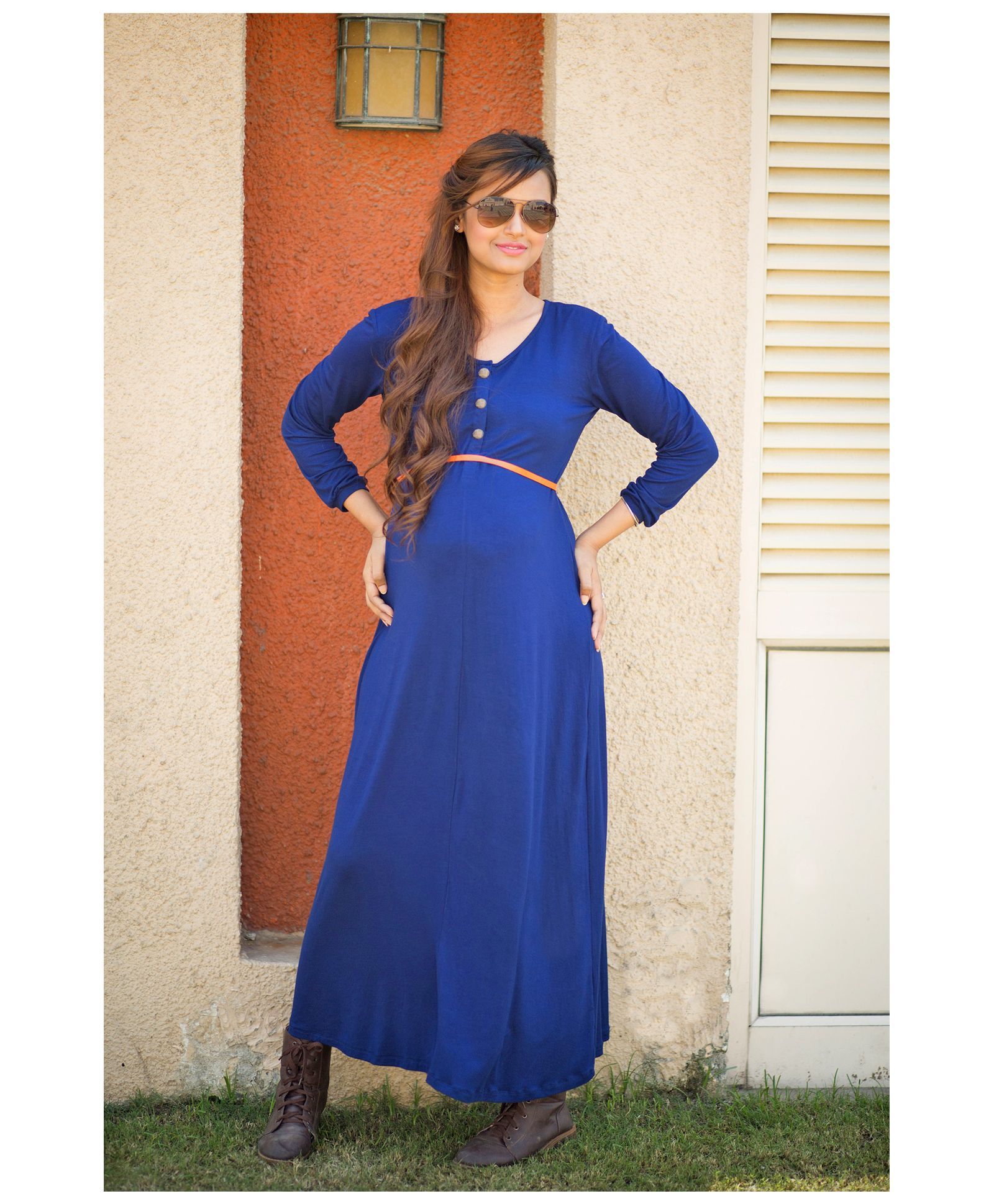 Momzjoy Full Sleeves Maternity Maxi Dress - Deep Blue