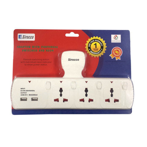 Extn Sockets 3Way With 2Usb