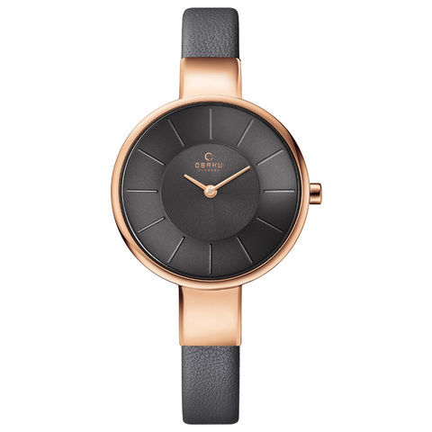 Obaku Women's Watch V149 Analog Grey Dial Brown Leather Band 32mm Rose Gold Case