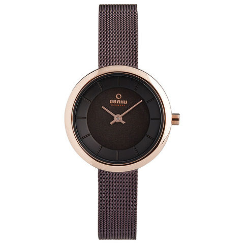 Obaku Women's Watch V146 Analog Brown Dial Brown Mesh Band 27mm Rose Gold Case