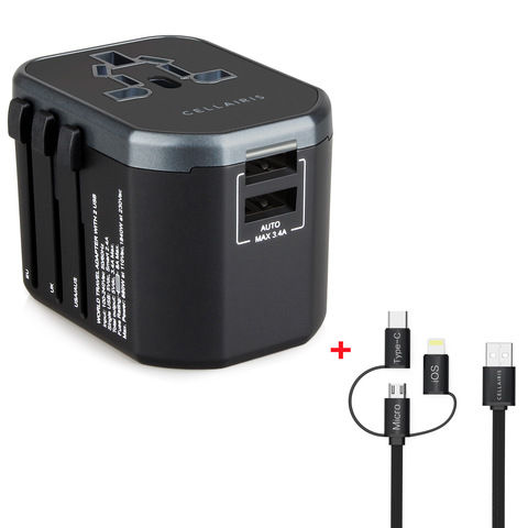 Cellairis Multi World Adaptor 3.4A + 3 In 1 Cable (Lightning ,Type-C & Micro USB)